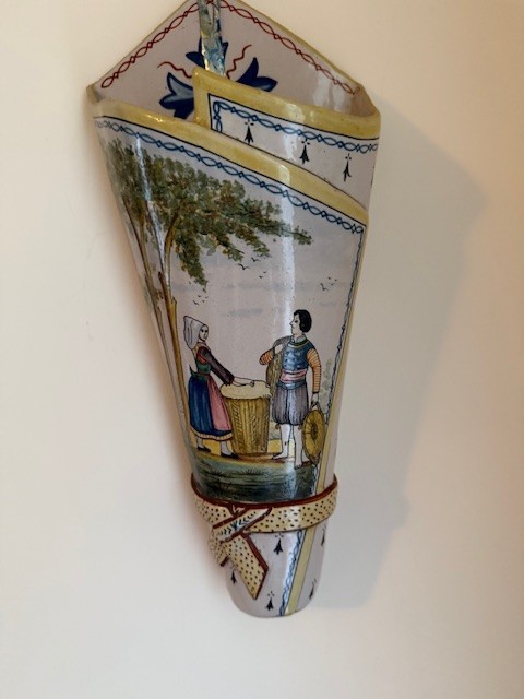 Antique vintage Quimper wall pockets,perfect,matched pair,large gorgeous painted