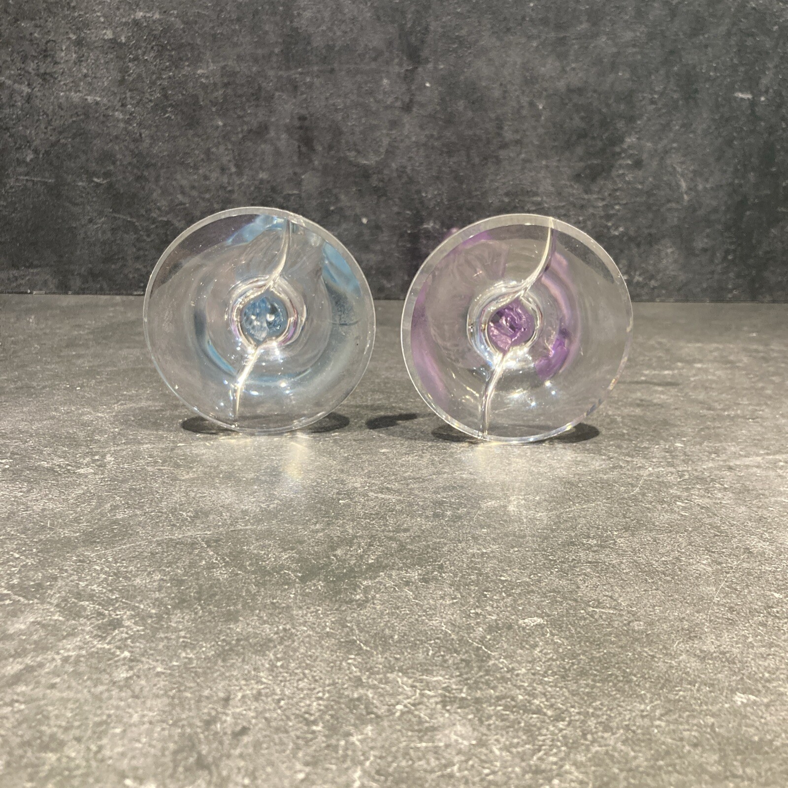 2 Mikasa Glass Lead Crystal Tulip Taper Candle Sticks Frosted Purple & Blue