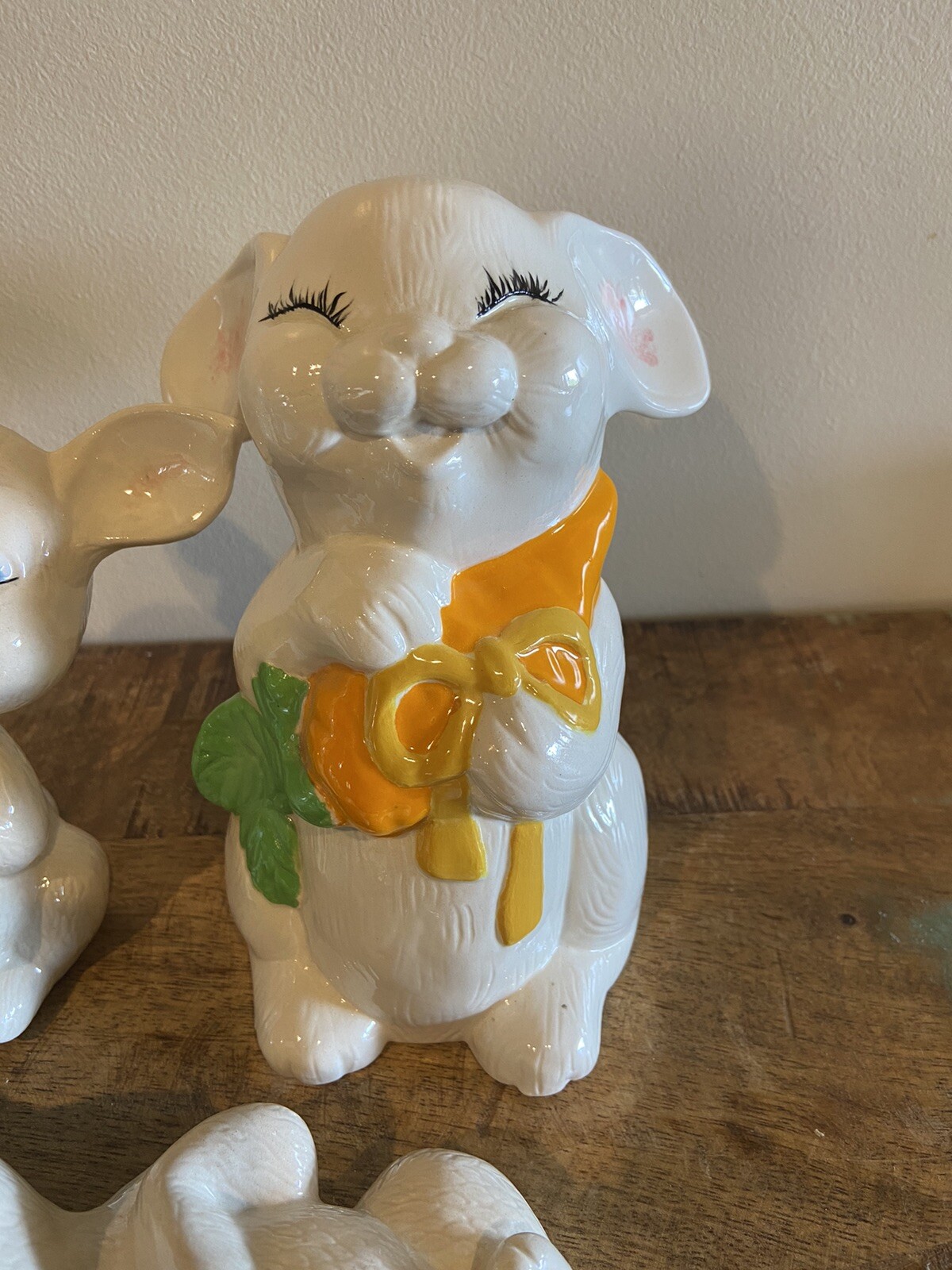 Vintage Whimsical Art Pottery Happy Ceramic Bunnies Rabbits Figures Easter