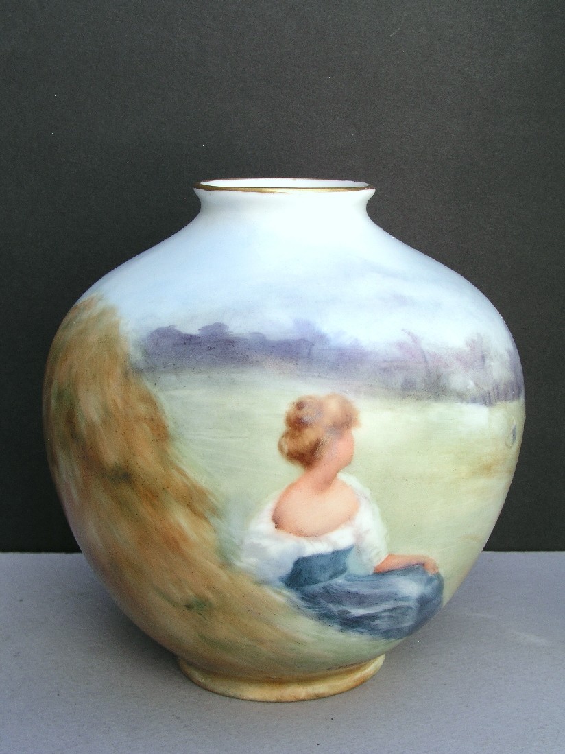 Antique Signed Elizebeth Stoner Porcelain VASE Painting Lady leaning on Haystack