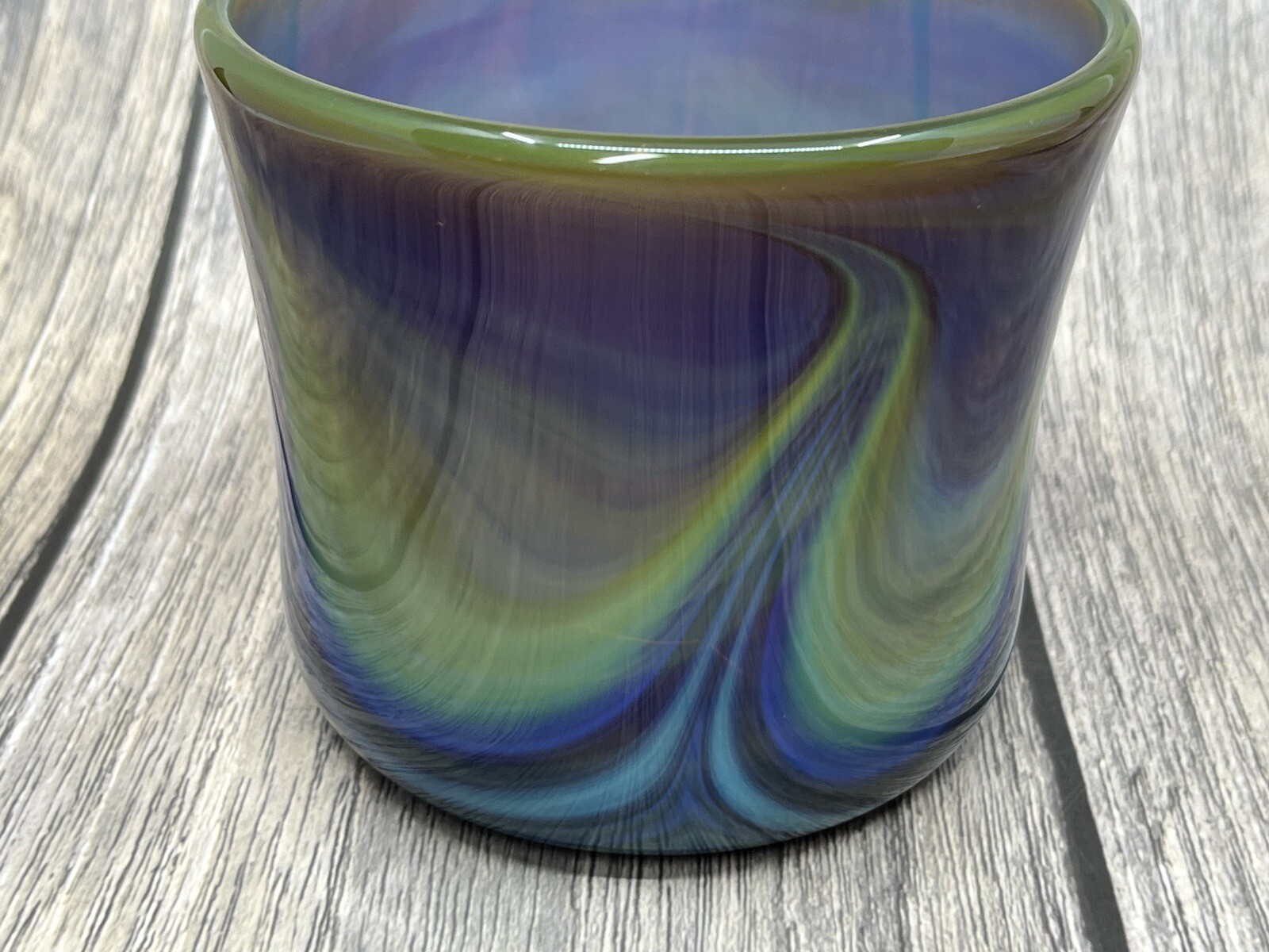 Signed Art Glass Vase Cup Votive Stunning Blue Green Purple 1981 Buzz Williams