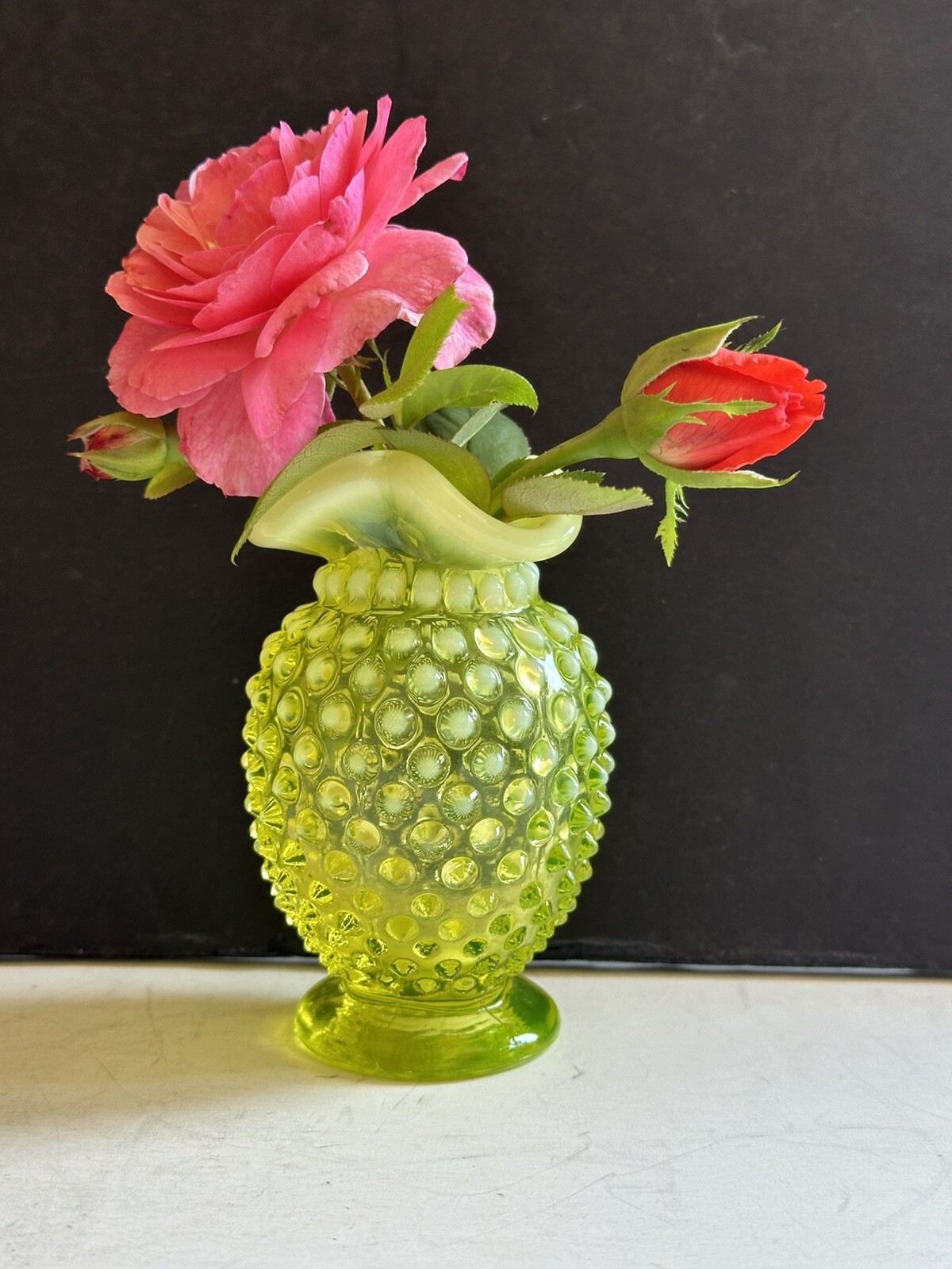 Fenton Vaseline Hobnail Topaz Opalescent Glass Flower Bud Vase 1940s Vtg #3855