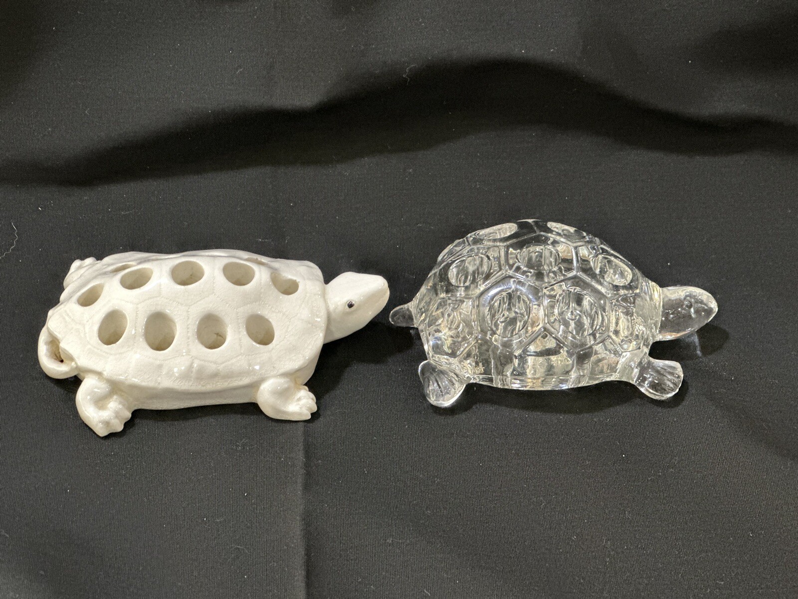 Vintage Pair Turtle Shaped Flower Frog Clear Glass & Porcelain Est 30s Northwood