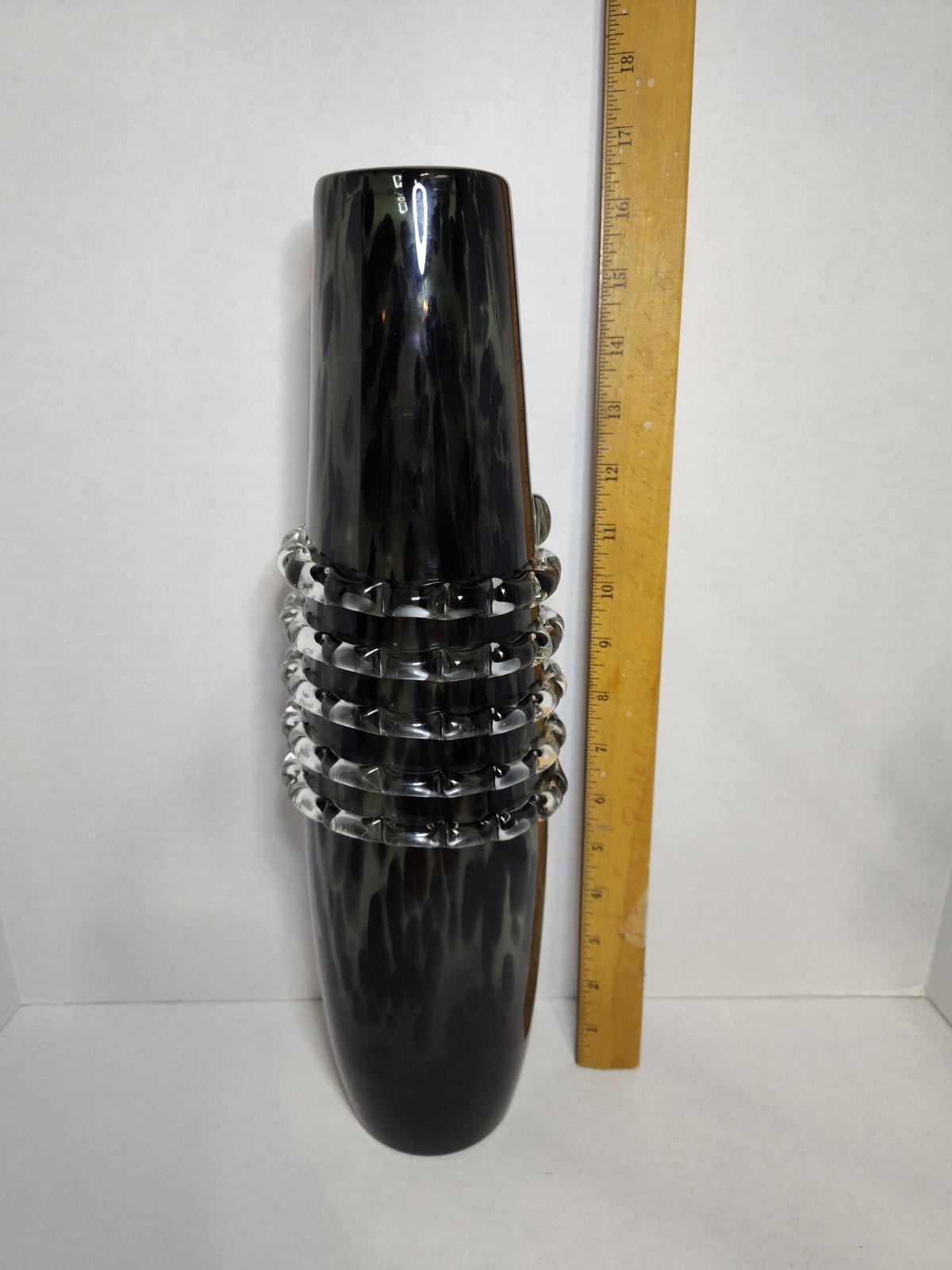 Black Speckled Glass Art Vase With Spiral Skeleton Like Wrap Moody Goth Decor