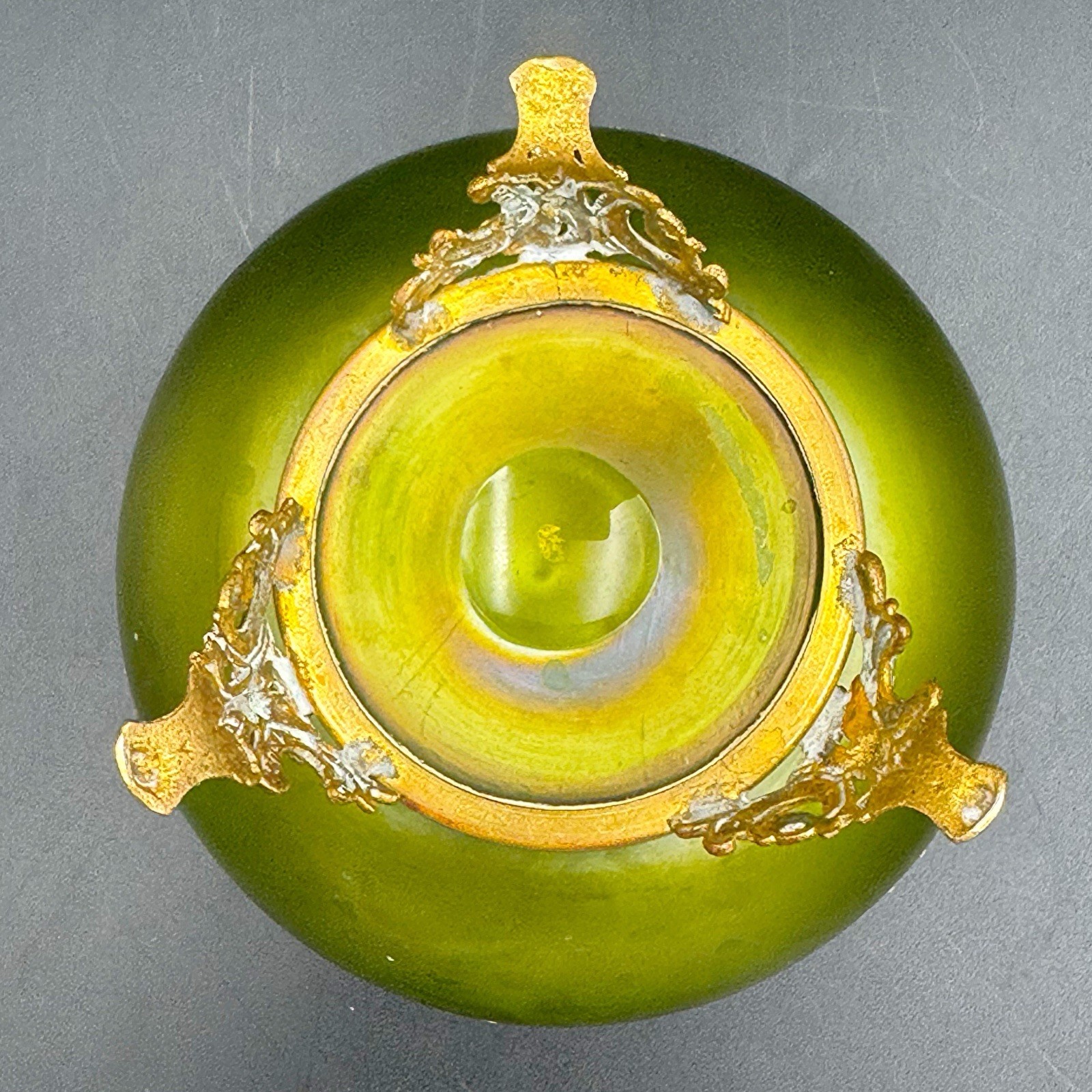 Antique Bohemian Moser Style Green Iridescent Art Glass Rose Bowl Gold Enamel