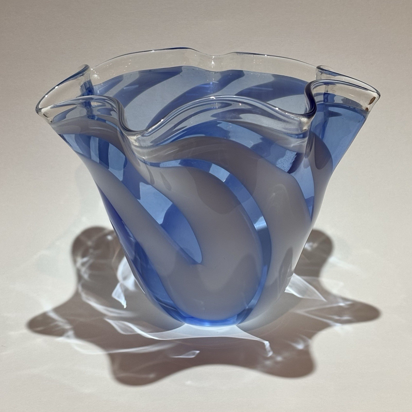 Vintage Blue and White Swirl Ruffled Edge Handmade Art Glass Handkerchief Vase