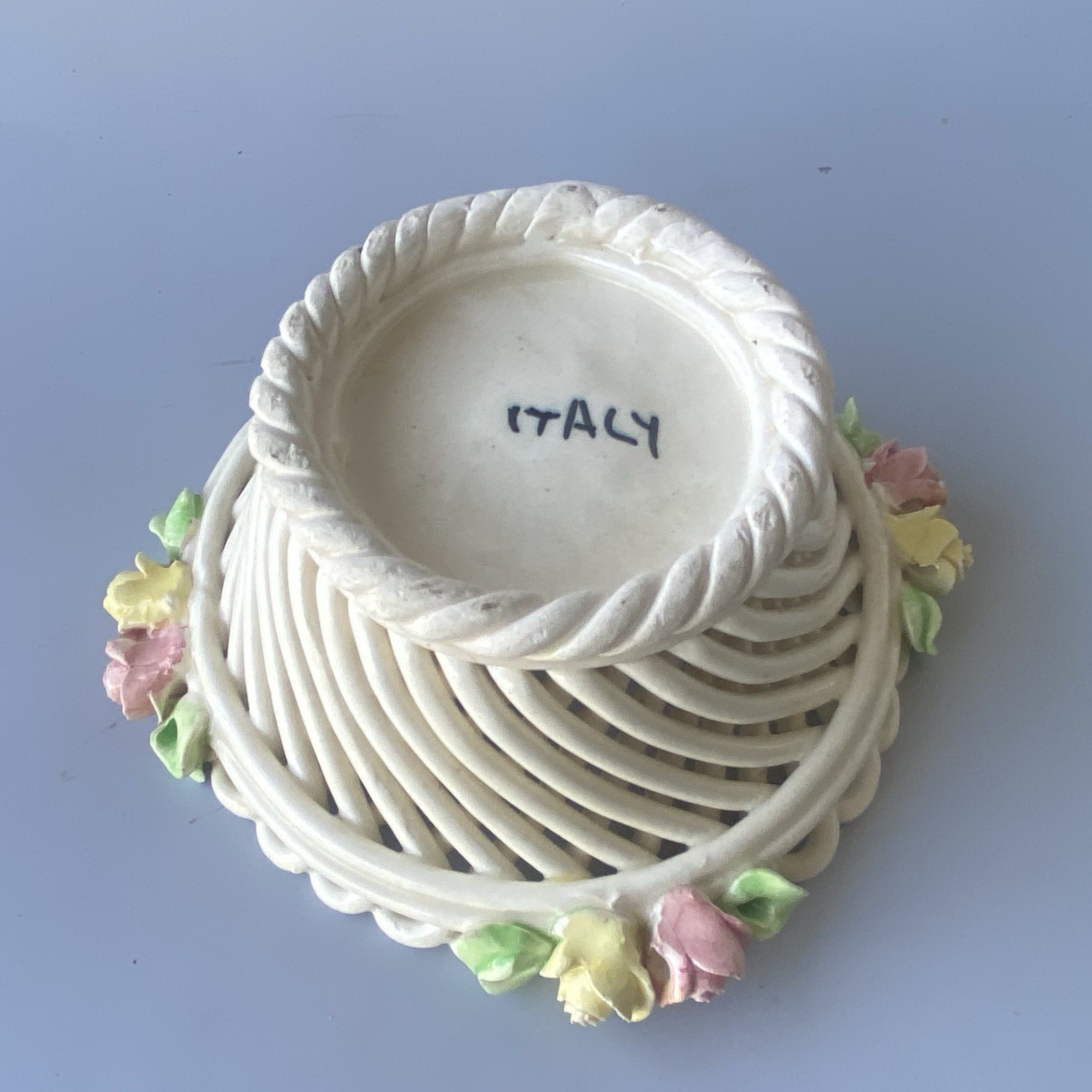 Vintage Italy Lattice Porcelain Woven Basket Bowl Trinket Dish With 3D Roses