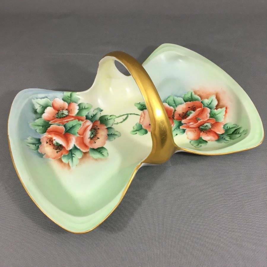 Vtg Handled Poppies Floral Basket Bon Bon Tray Candy Dish Hand Painted Signed
