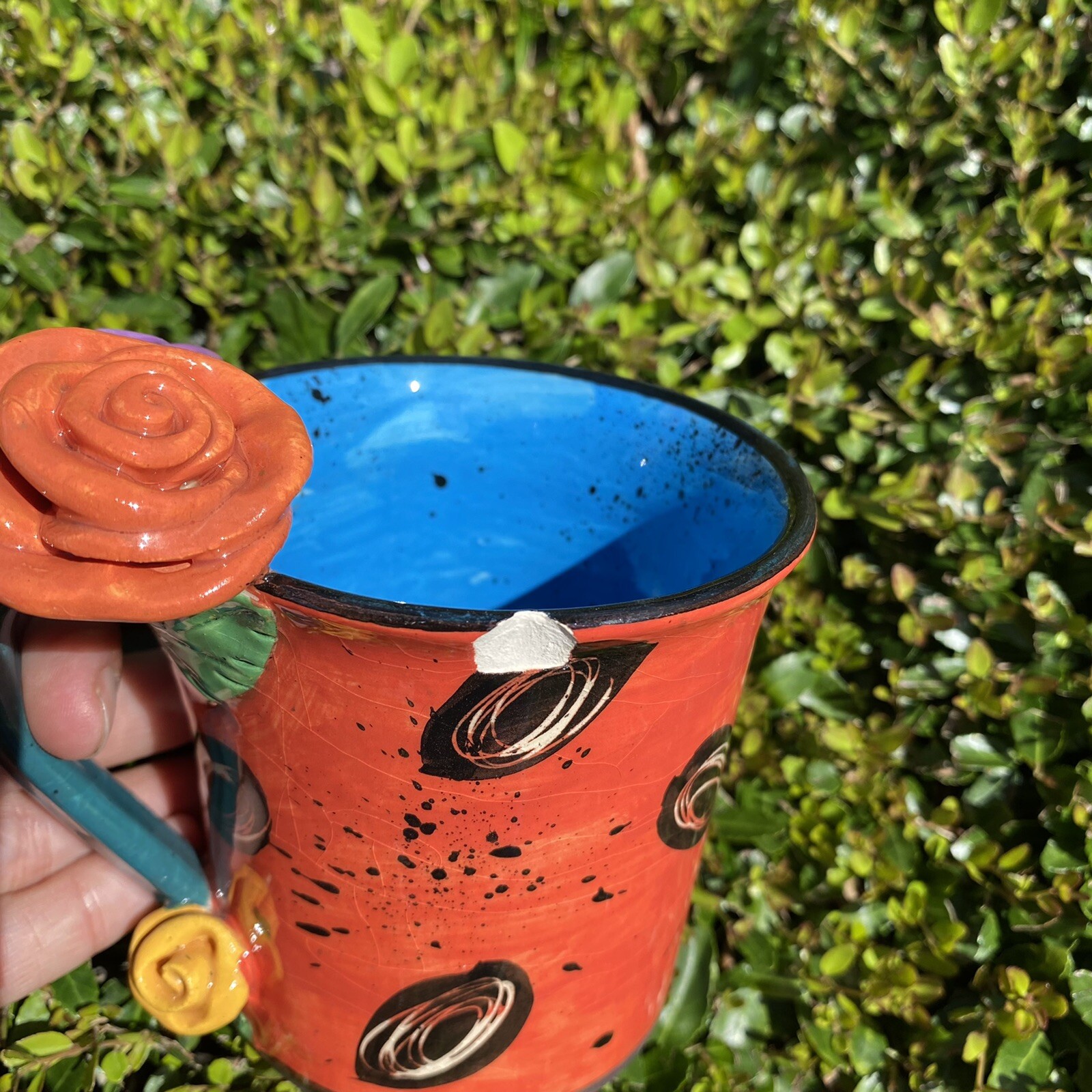 Mary Rose Young pottery mug roses hand signed 1997 Pink Purple Flower CHIPPED