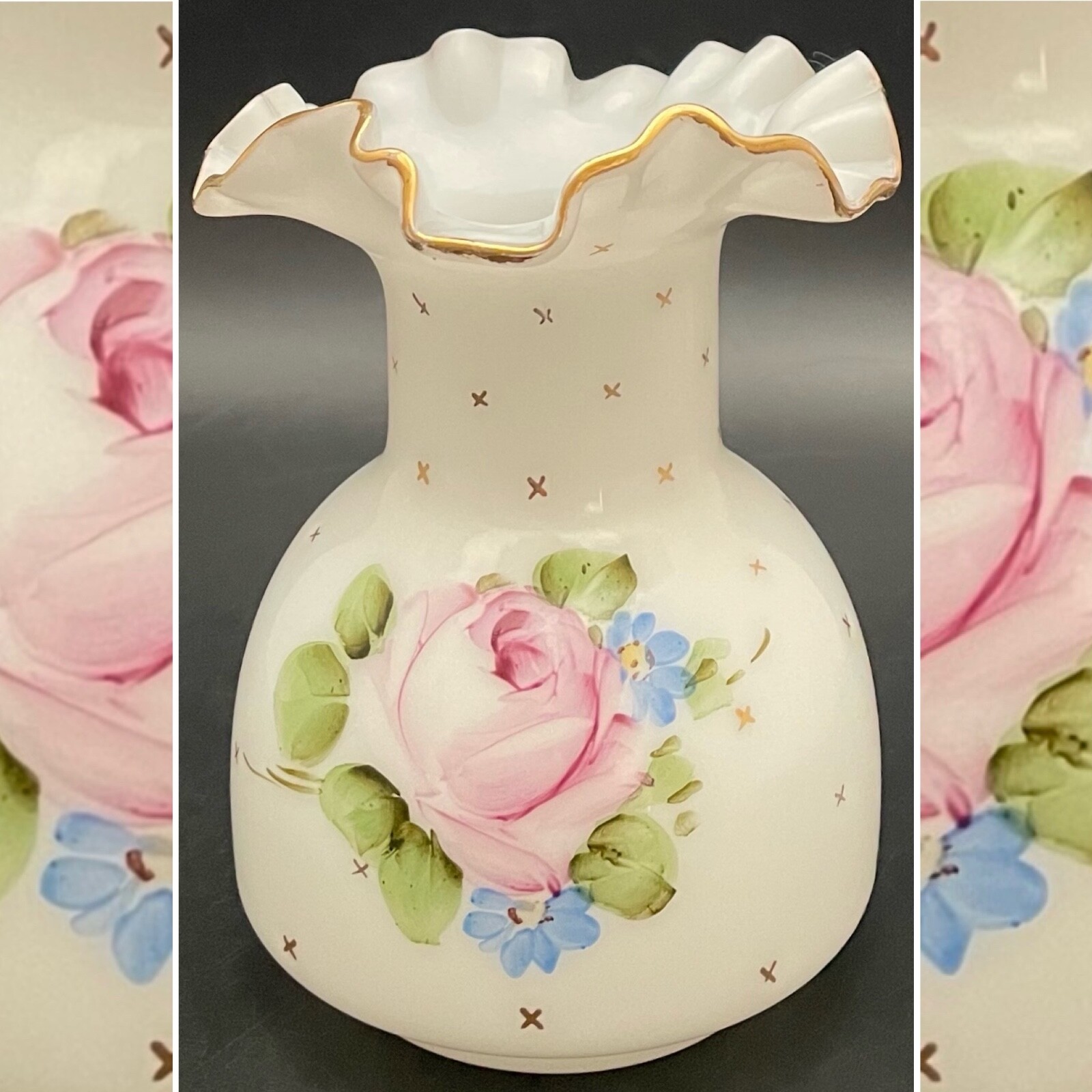 Fenton Art Glass Charleton Roses Ruffled Milk Glass Bud Vase c1940-1959 USA 5.5″