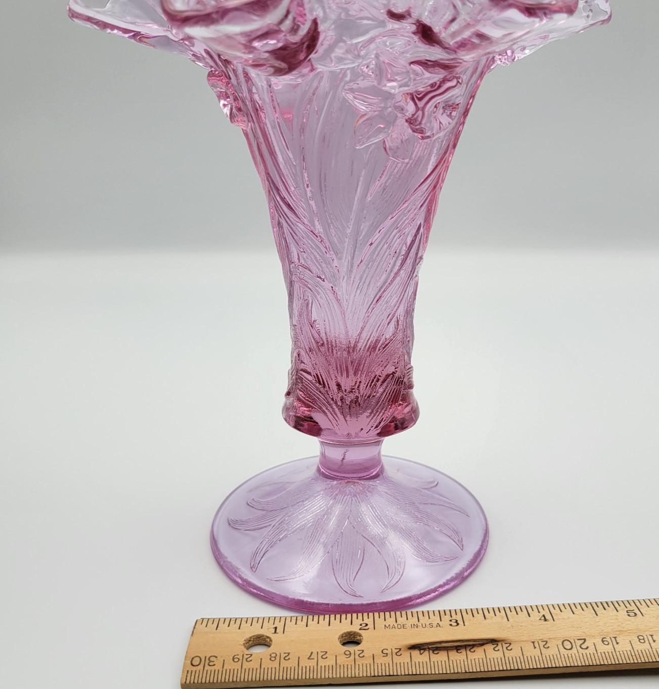 Fenton Empress Rose Pink Art Glass Vase Daffodil Embossed Ruffle Top Footed 7″