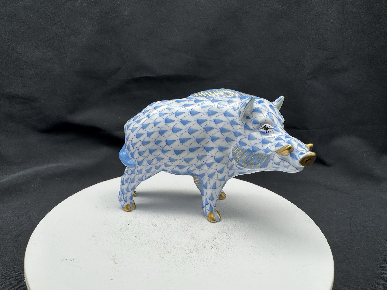 Herend Blue Fishnet Razorback Boar / Wild Pig Figurine