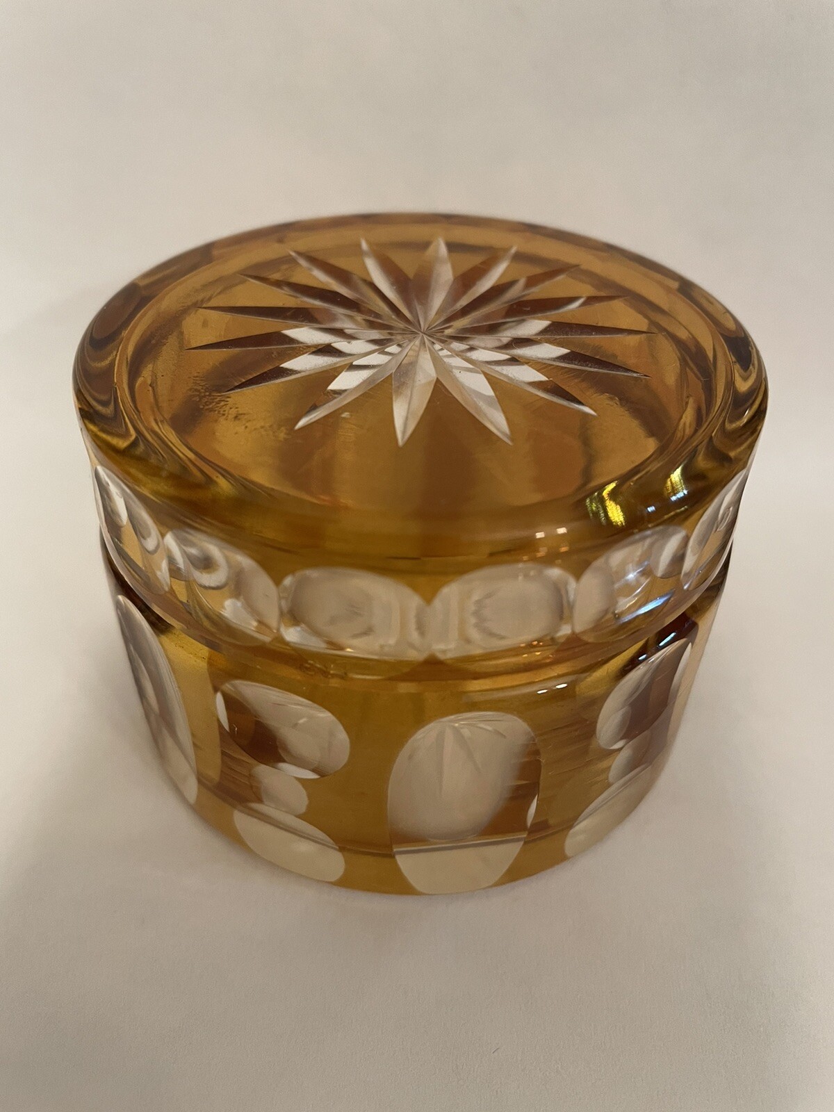Art Deco Bohemian Czech Amber Cut To Clear Glass Lidded Trinket Box