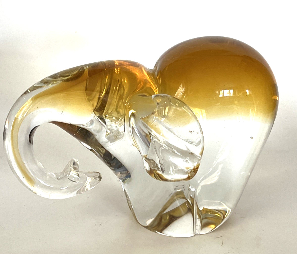 Hand Blown Art Glass Elephant Clear w/Amber Paperweight Heavy Polished Base 3.3#