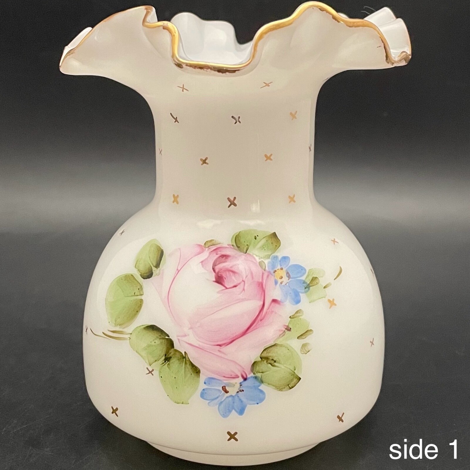 Fenton Art Glass Charleton Roses Ruffled Milk Glass Bud Vase c1940-1959 USA 5.5″