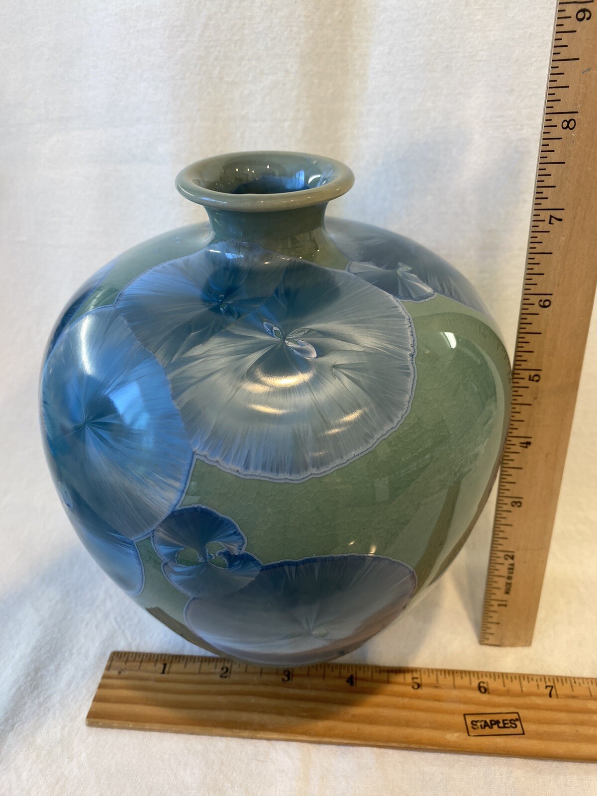 Signed Louise Reding High Fired Crystalline Glaze 7.5” Tall Vase Green Blue Mint