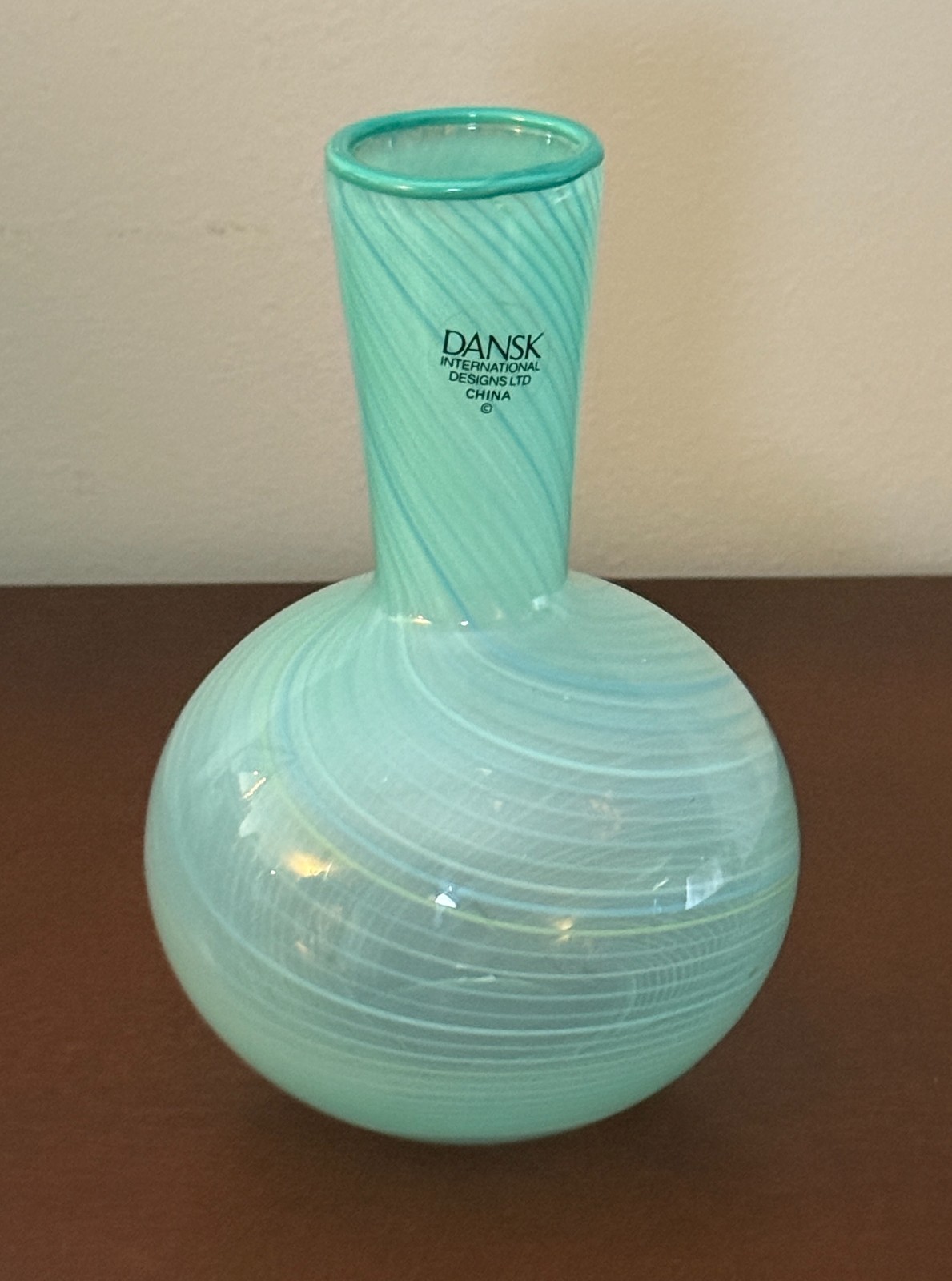 Dansk International 1970 Mezza Filigrana Turquoise Mint Swirl Art Glass Bud Vase