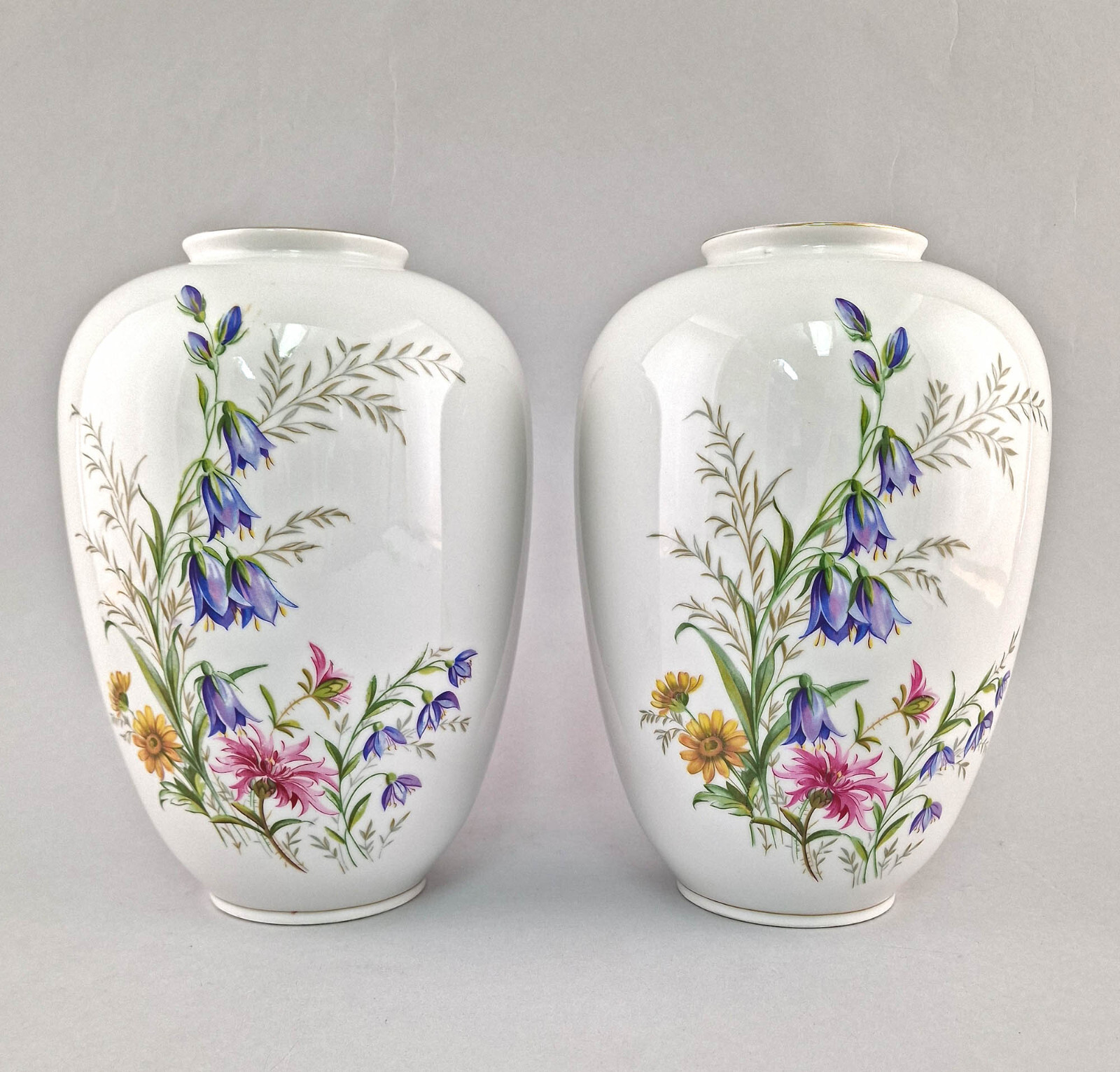 9240069-d Pair Vases Porcelain Weimar Thuringia Ovoid Floral Decoration H26cm