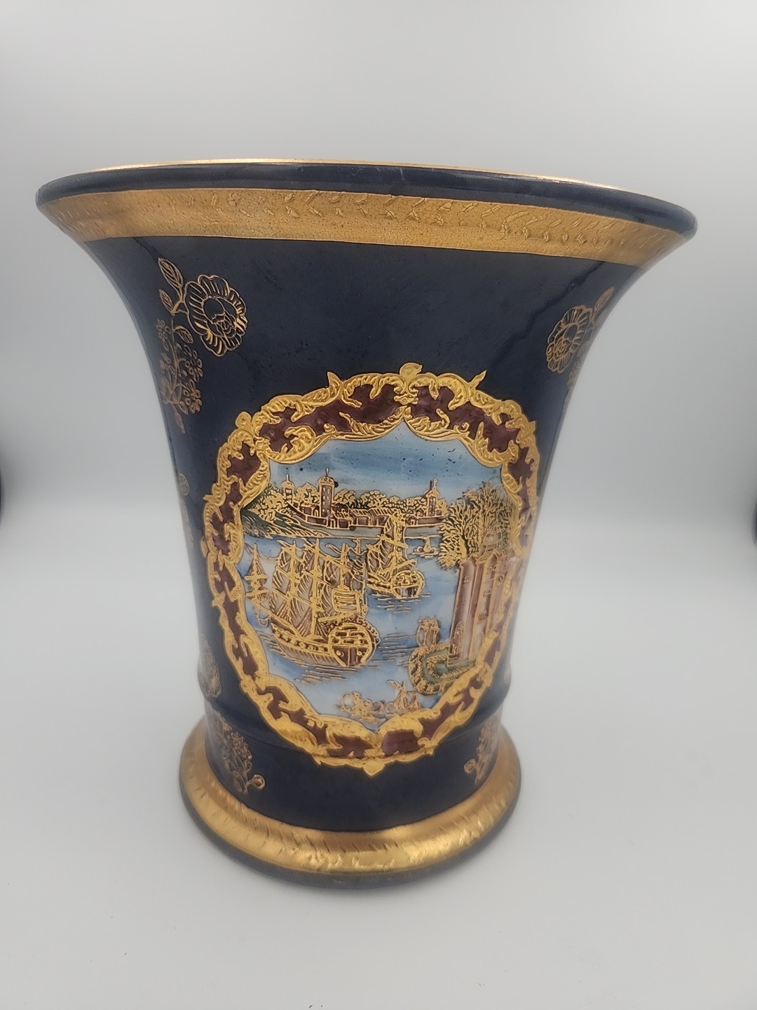 Cobalt Blue Glaze Vase Similar To New Mikado, Pagoda Design,gold Gilding