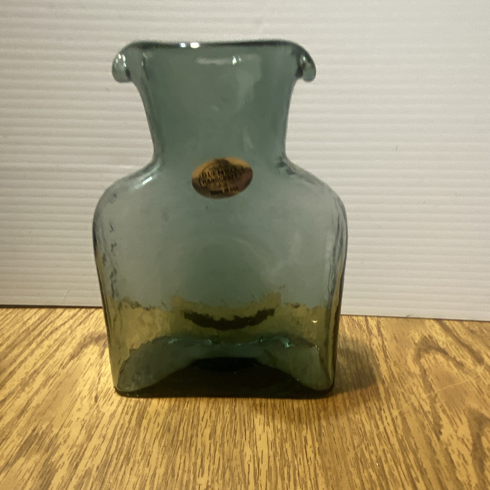 Blenko 820L Hand Blown Art Glass Vase Blue Green 7in Mid-Century Modern