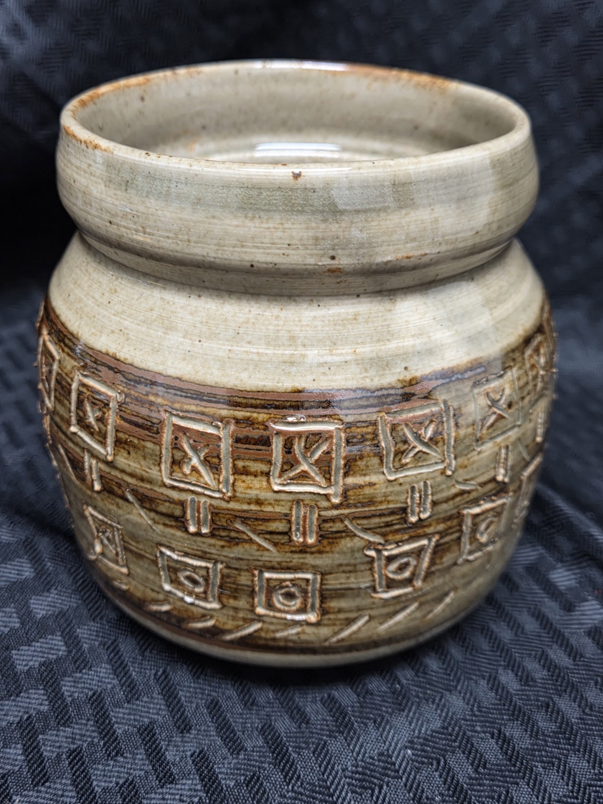 Studio Art Pottery Vase Natural Earthy Signed Incised Pattern All Around