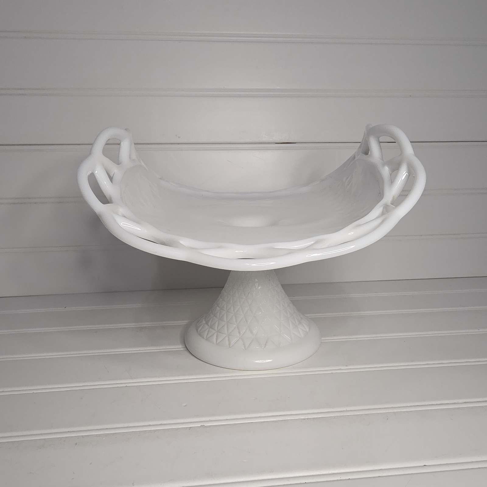 Indiana Glass Milk Glass Folded Fruit Bowl Pedestal Stand Diamond Lace Edge