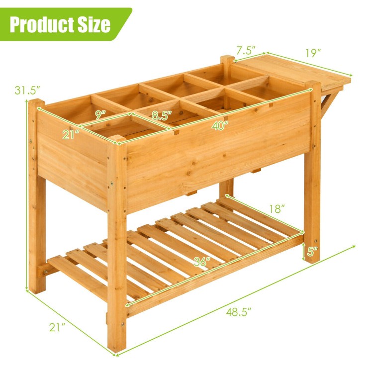 Elevated Fir Wood Garden Bed with 8-Grid Shelf and Tabletop