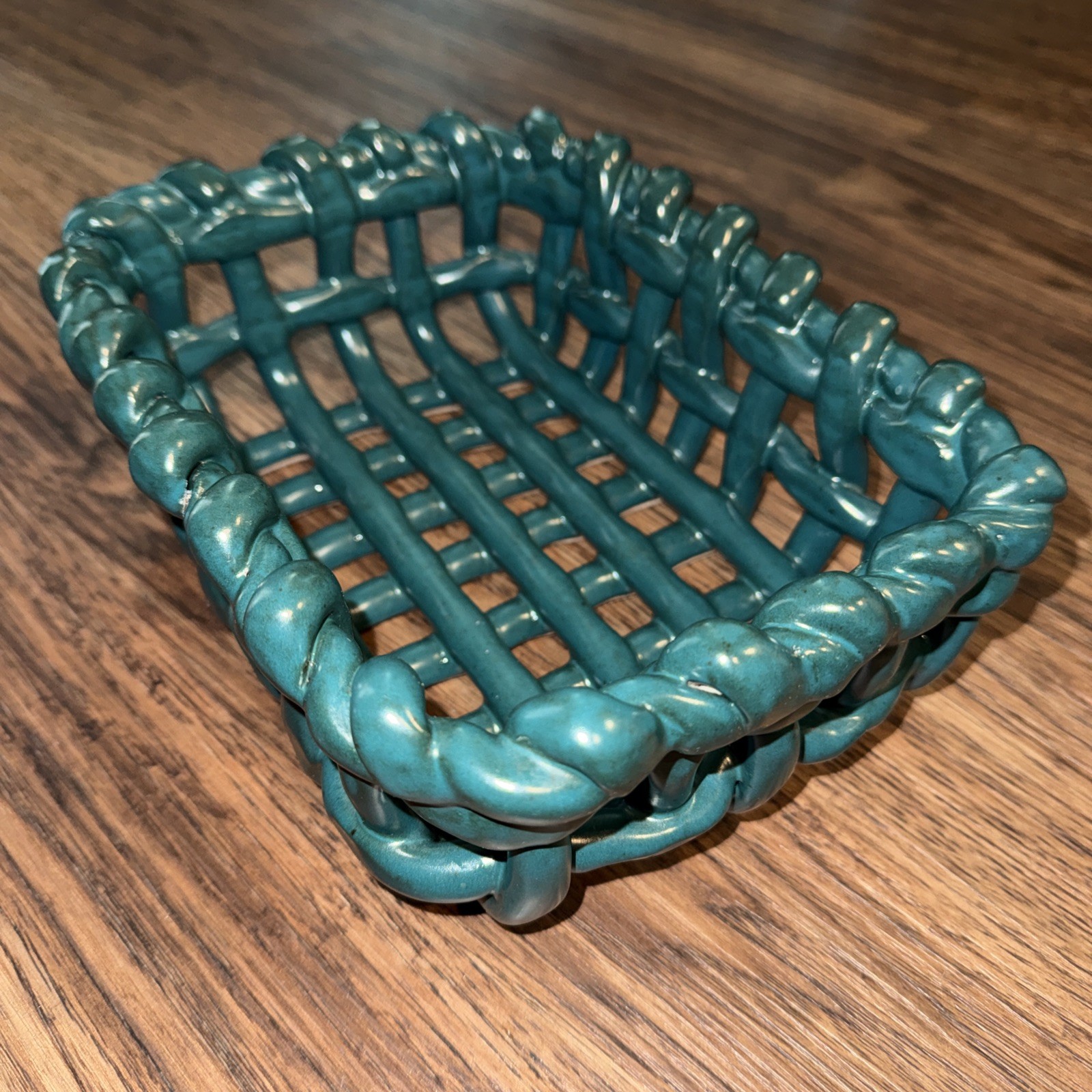 Green Teal Rectangle Lattice Cottagecore Bread Fruit Basket Signed Pottery