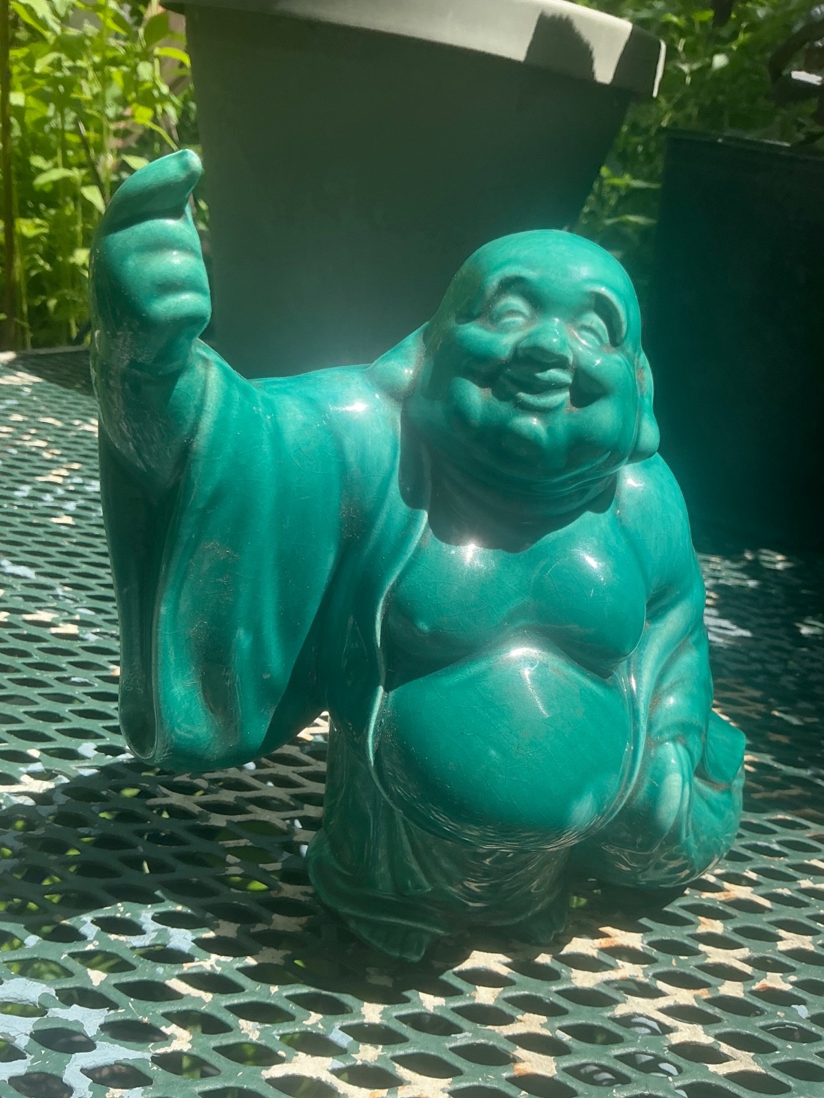 1950s DeForest California green pottery Buddha mid century modern sticker