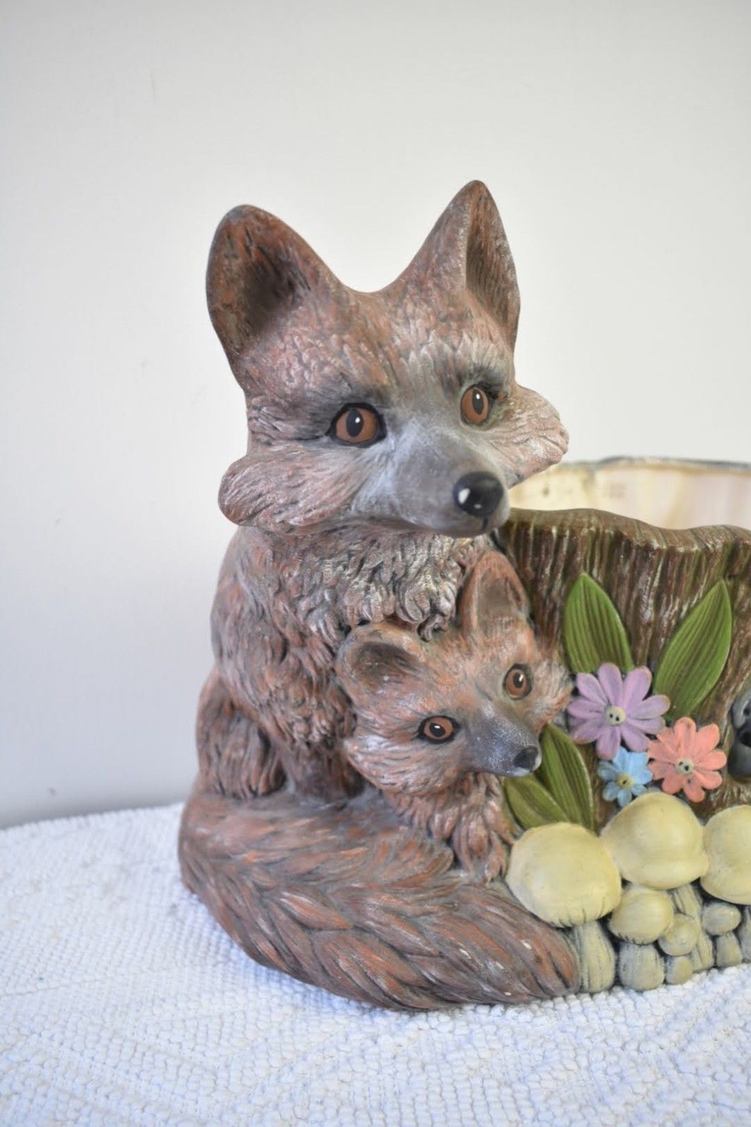 Cottagecore Vintage Fox & Kit Forest Tree Stump Ceramic Planter Pot