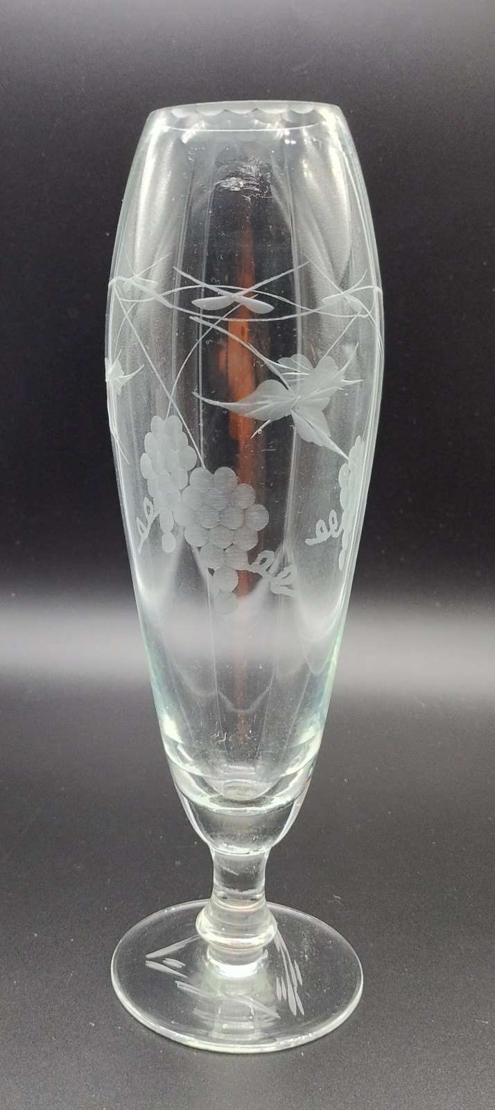 Vintage 9″ Etched Glass Footed Vase with Grape Vine Wheel Cut Rim and Base