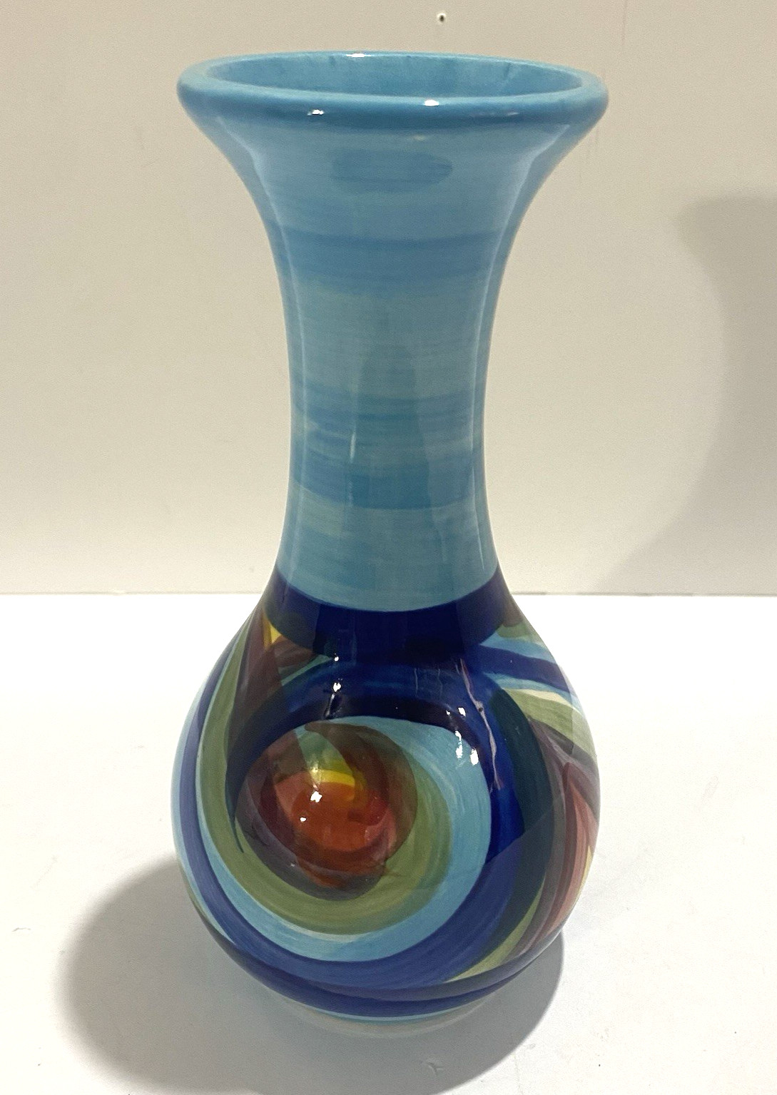 Gail Pittman Hand Painted Art Pottery Bud Vase Signed Multicolor Blue Swirl 6.5″