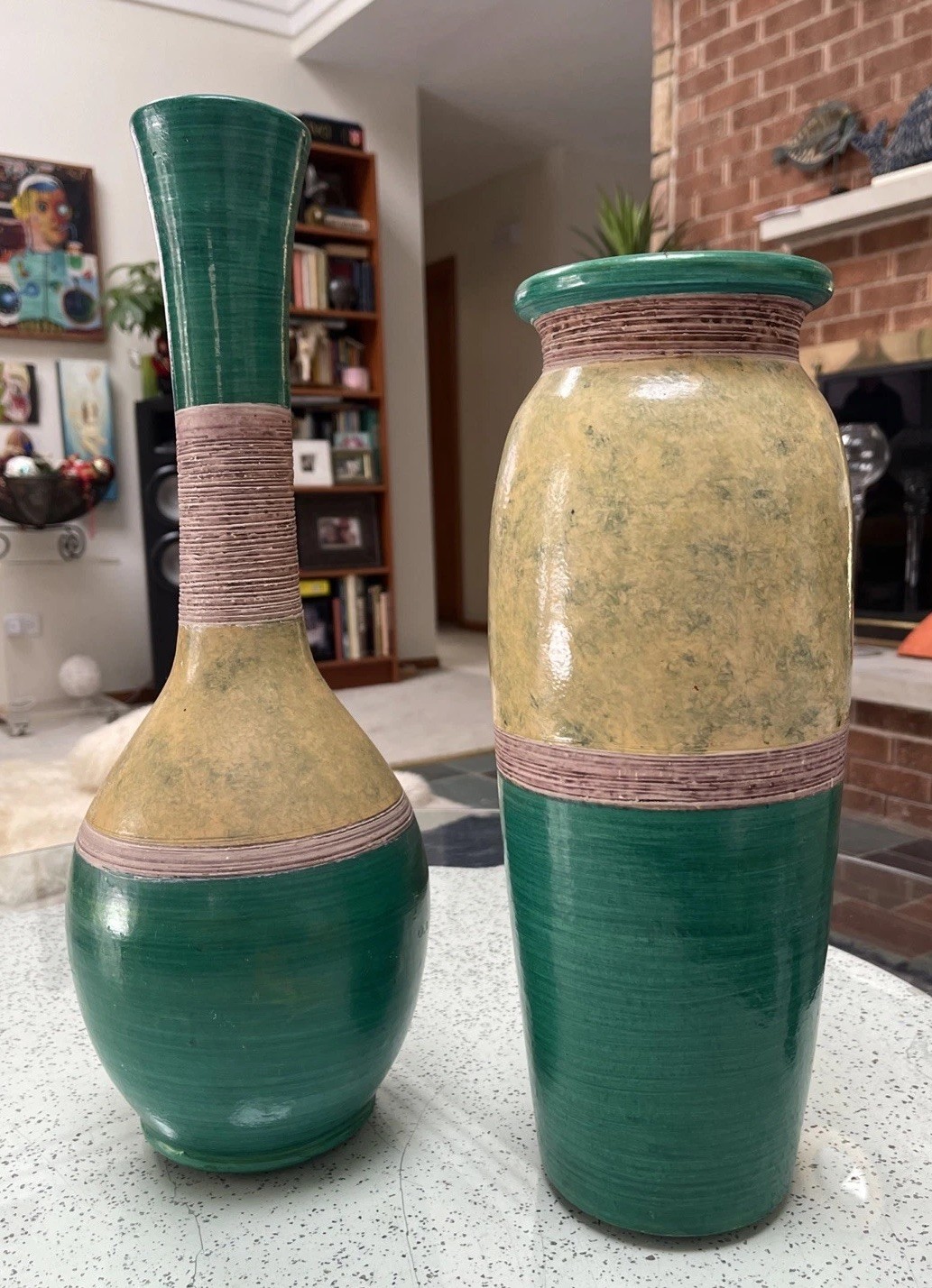 60s SET OF 2 Mid Century Modern Italian Pottery Heavy Vibrant Colors Vases GREAT