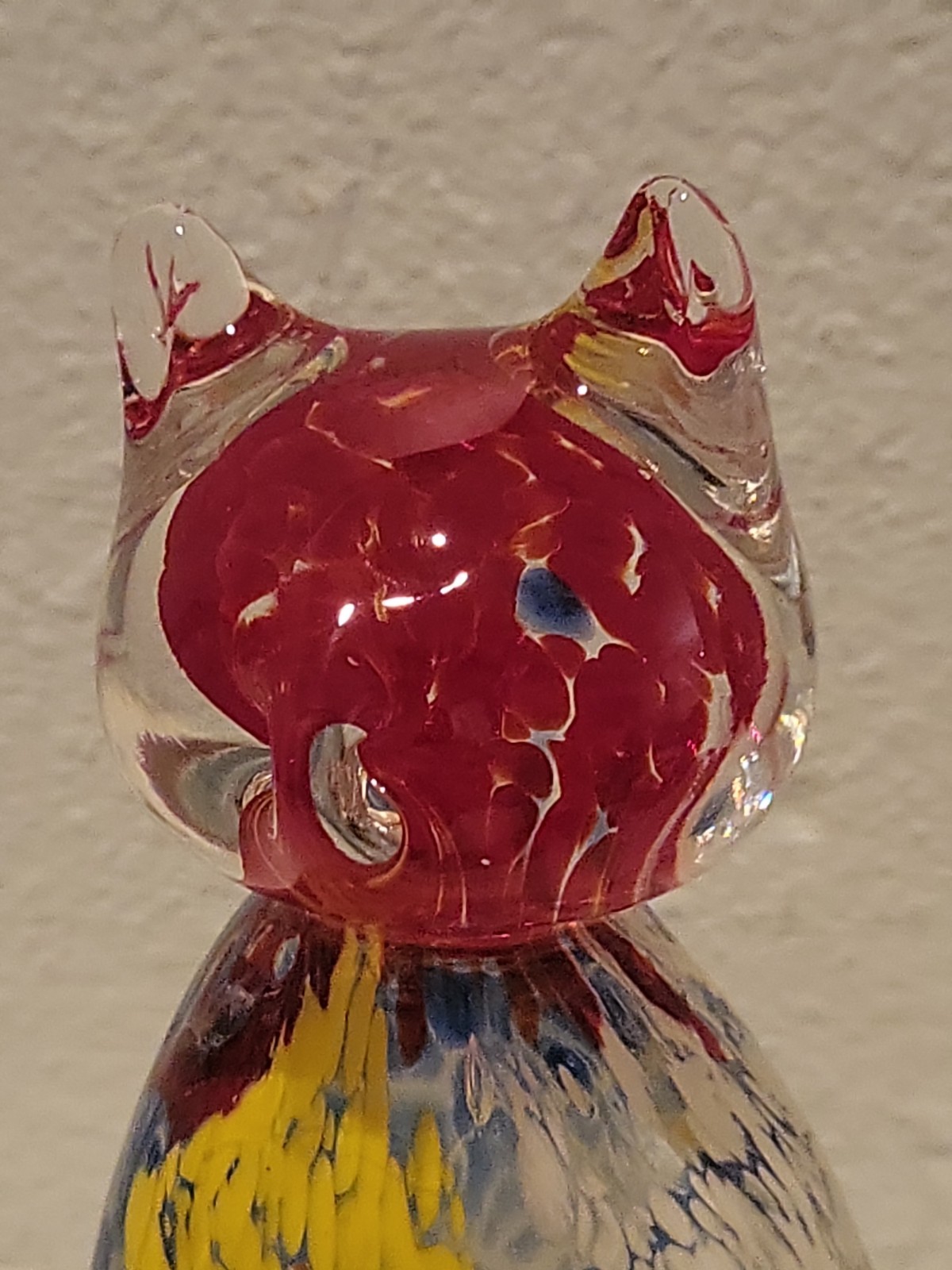 Vtg Art Glass Cat Figurine Blue Red Clear Spatter Paperweight Hand Blown 4”H +-
