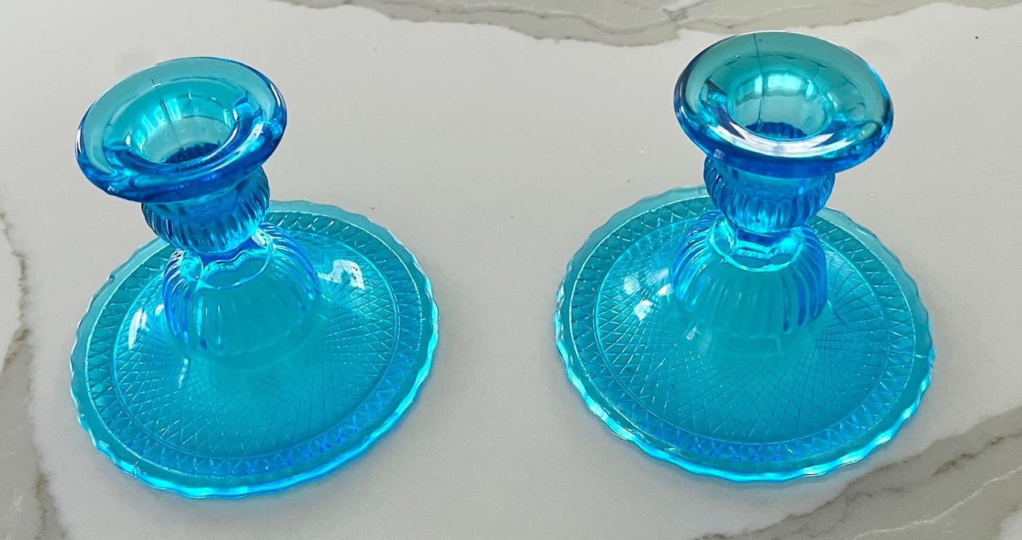 Pr. Vtg. Nuutajarvi Vivid Turquoise Pressed Art Glass Candlesticks-Finland-1971