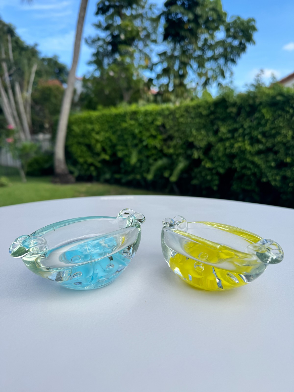 Joe St Clair Art Glass Ashtray Paperweight Pair Blue Yellow Floral Bubble Label
