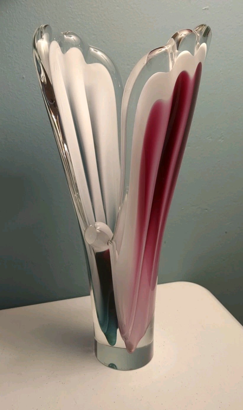 VTG Signed Flygsfors Coquille Paul Kedelv Glass Vase Pink Green Norway 12″ HS
