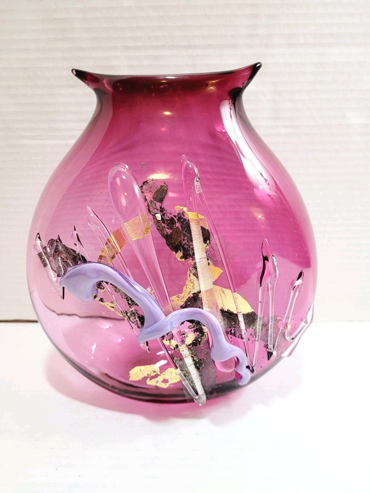 Michelle Kaptur Purple Art Glass Vase Textured Gold Foil Signed Large 9.5″