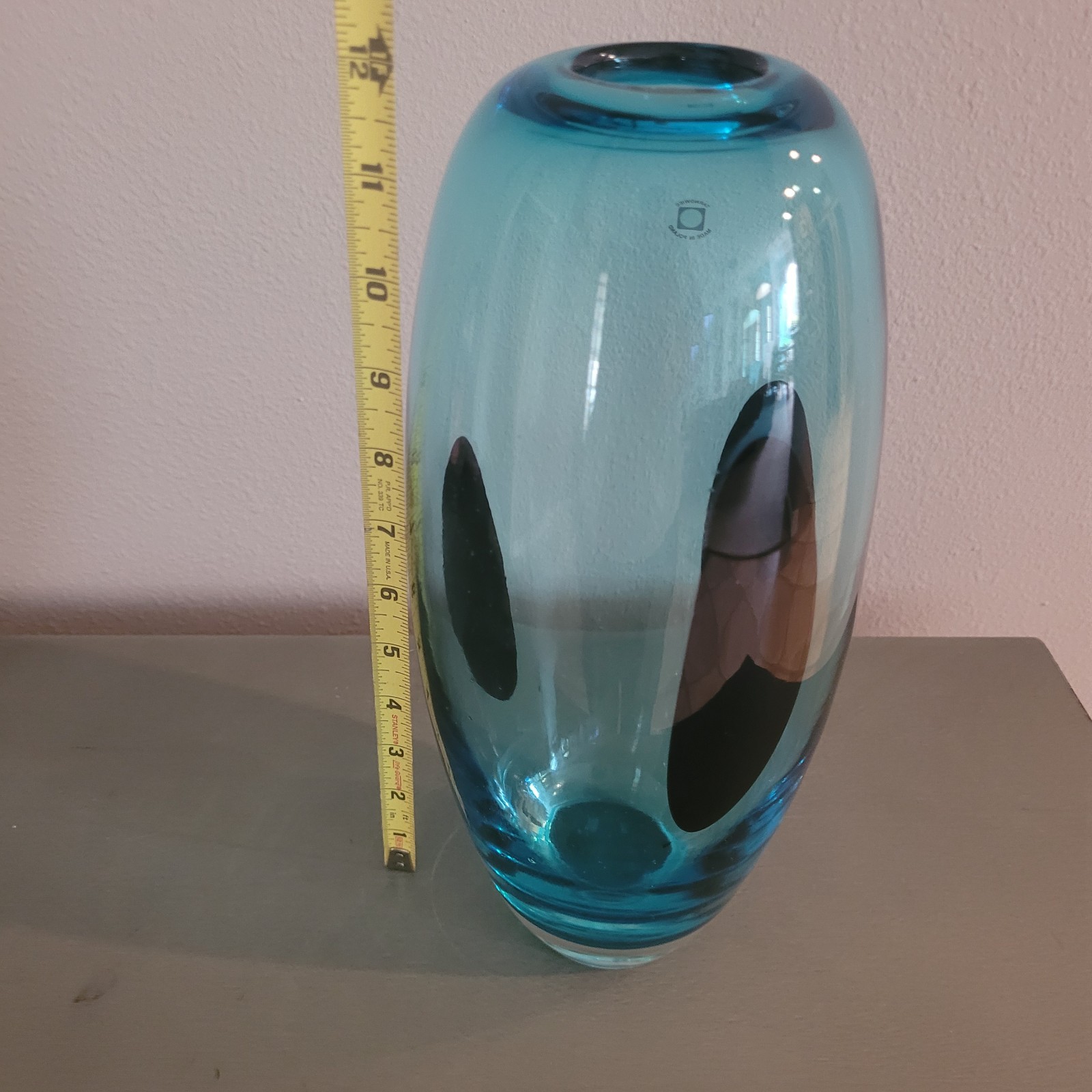 Tarnowiec Art Glass Blue Vase with Black Spots Hand Blown in Poland 11.75″ T