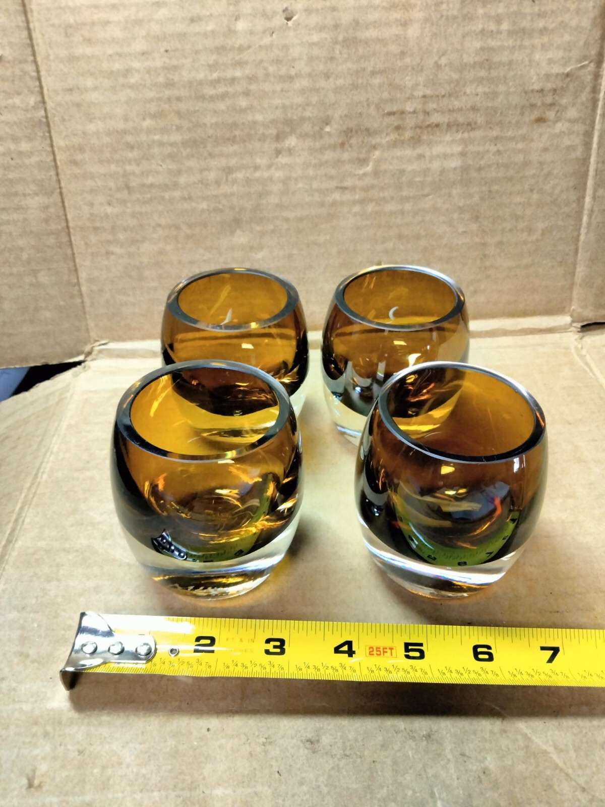 4 Mikasa Art Glass Amber Candle Votive Holder Mid Century Heavy Bottom 3″ Tall