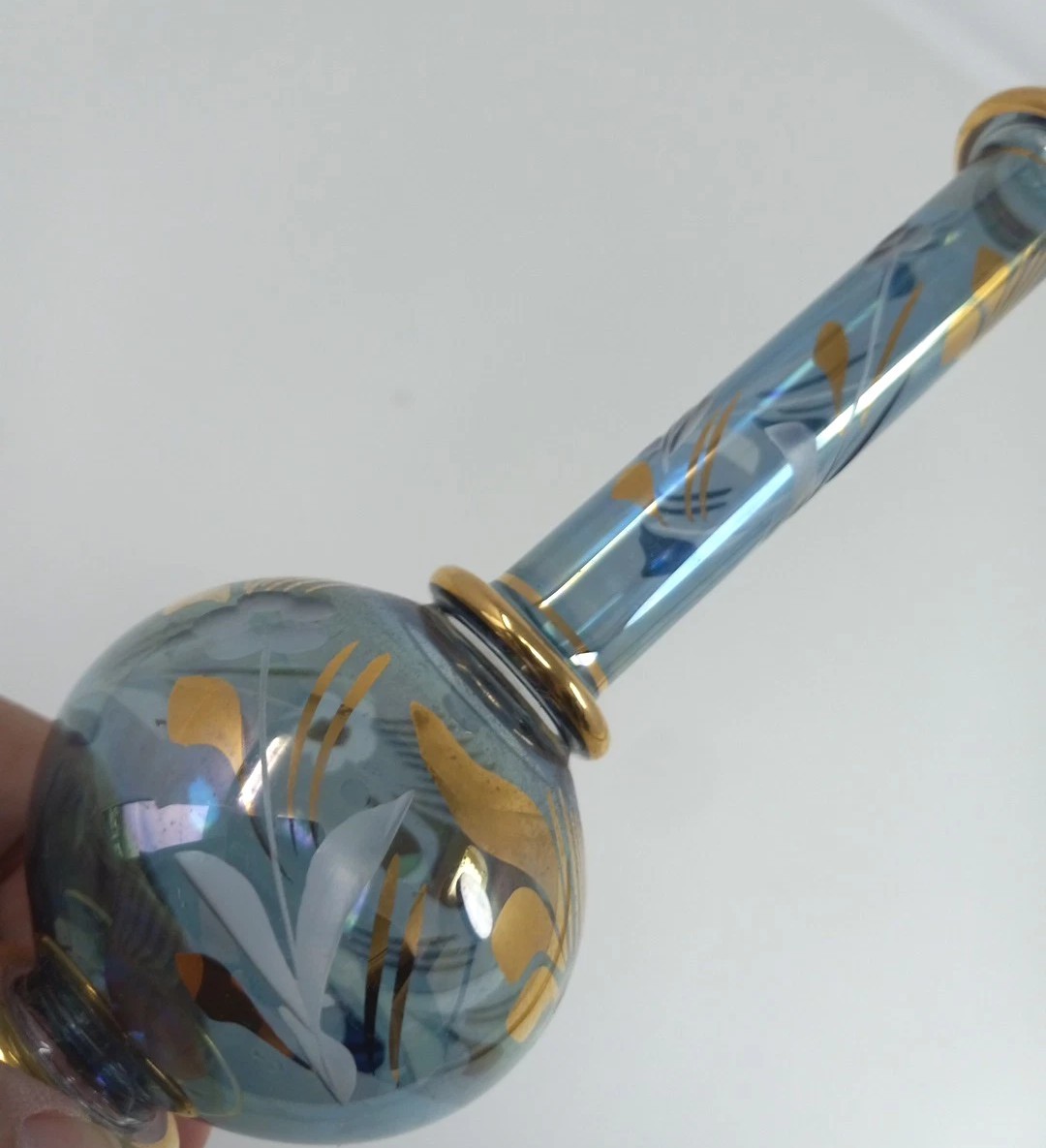 Vintage Blue Gold Egyptian Hand Blown Art Glass Mini Vase Delicate Boho 7.5″