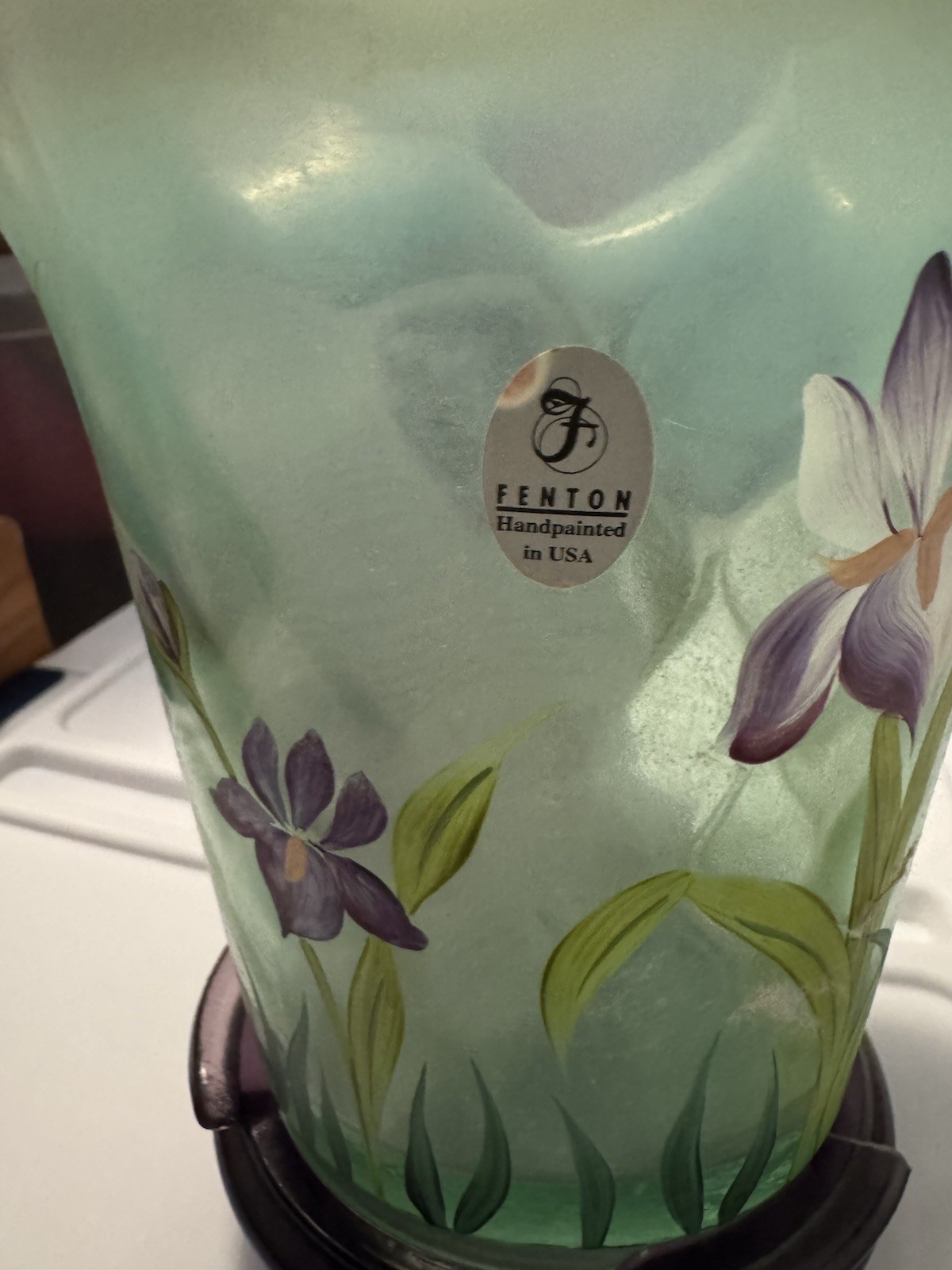Fenton Hand Painted Green Glass Vase Purple Ruffled Rim Floral Flowers