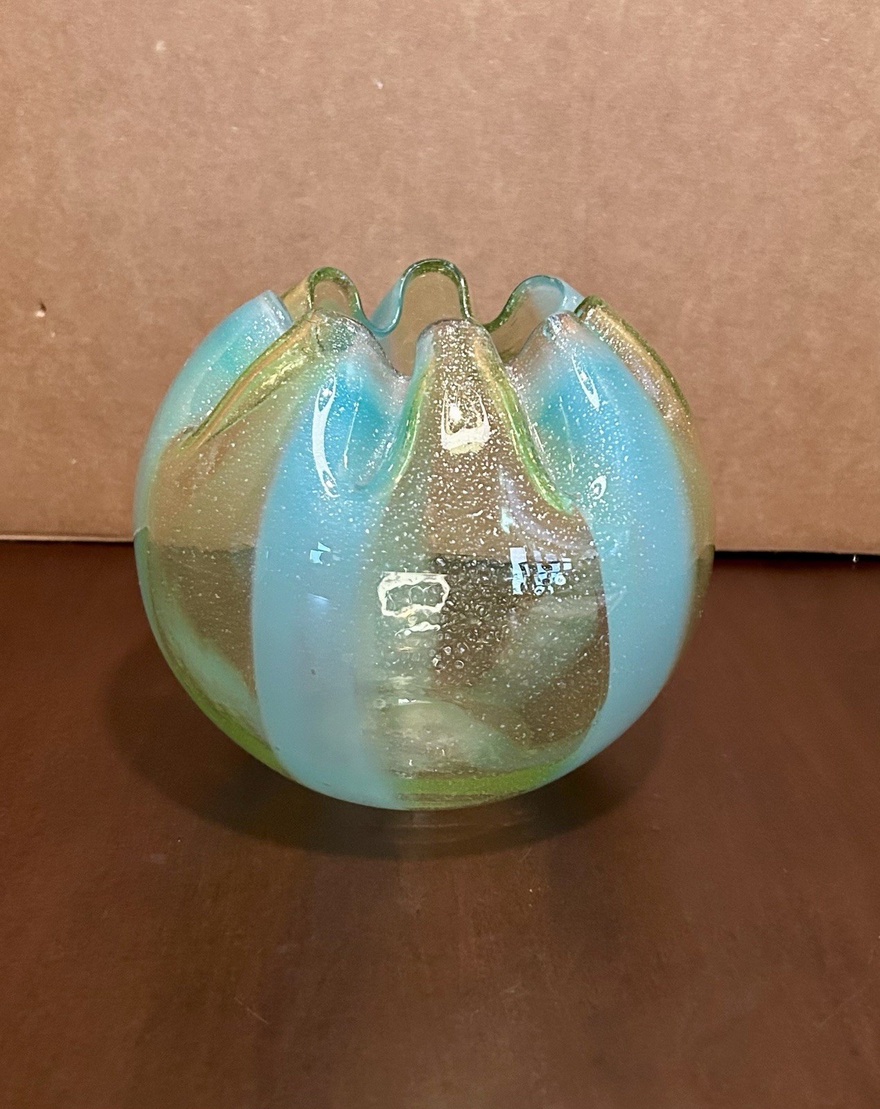 Vintage Art Glass Rose Bowl W/ Silver Mica Fleck, Crimped Bowl, Pontilled