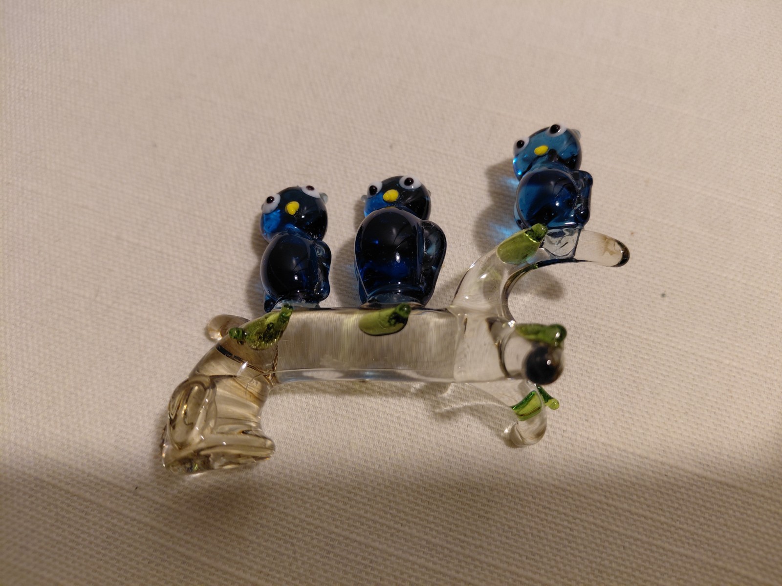 Vtg Hand Blown Art Glass Owls Perched On A Branch Blue Flamework