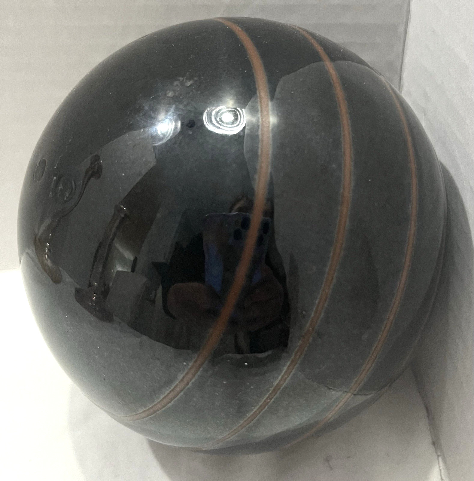 Black Art Glass Decorative Sphere Paperweight Orb w/Copper Swirl Bands