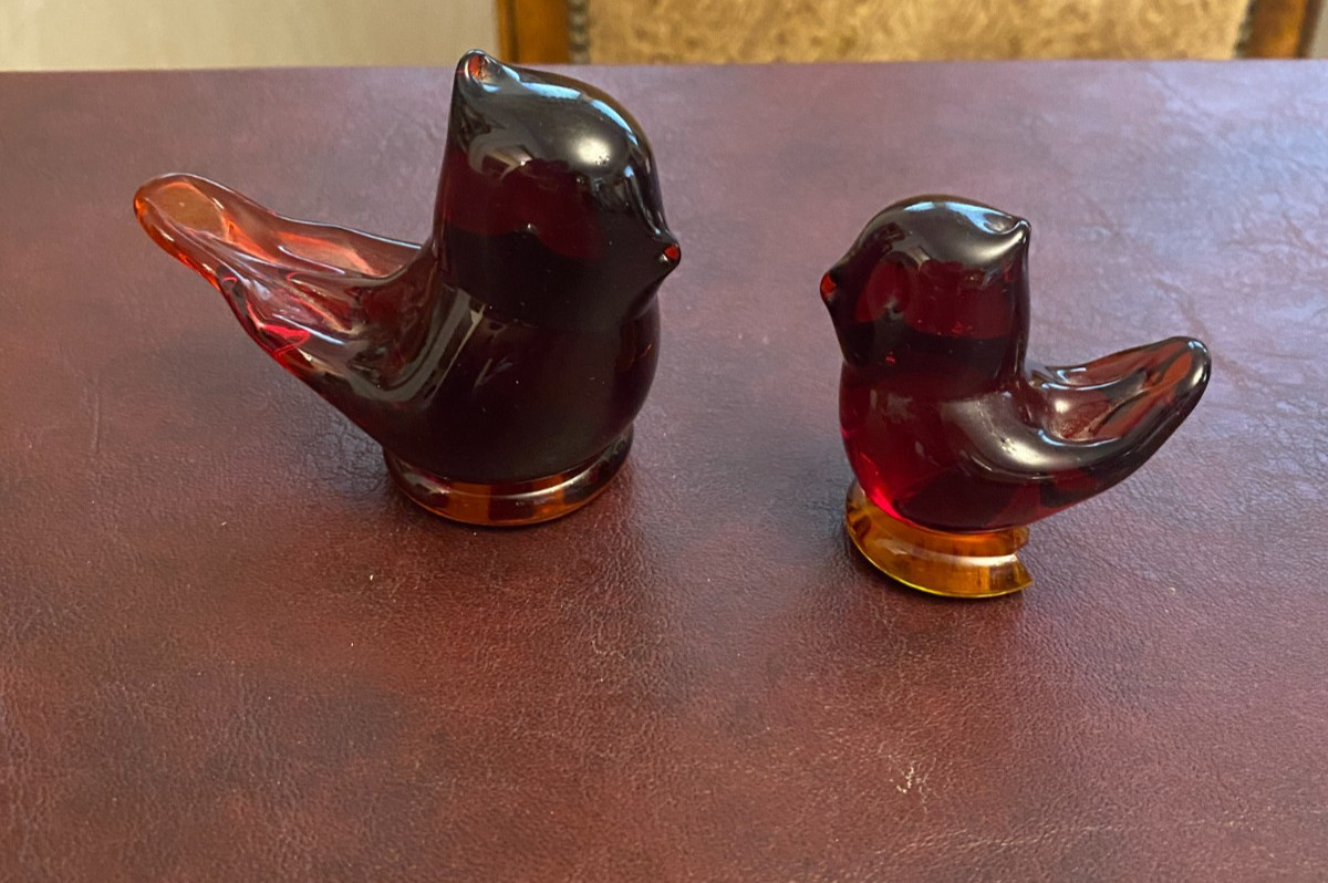 2 Red Ruby Cardinal of Love TITAN Art Glass Paperweight Birds Base Glows Orange