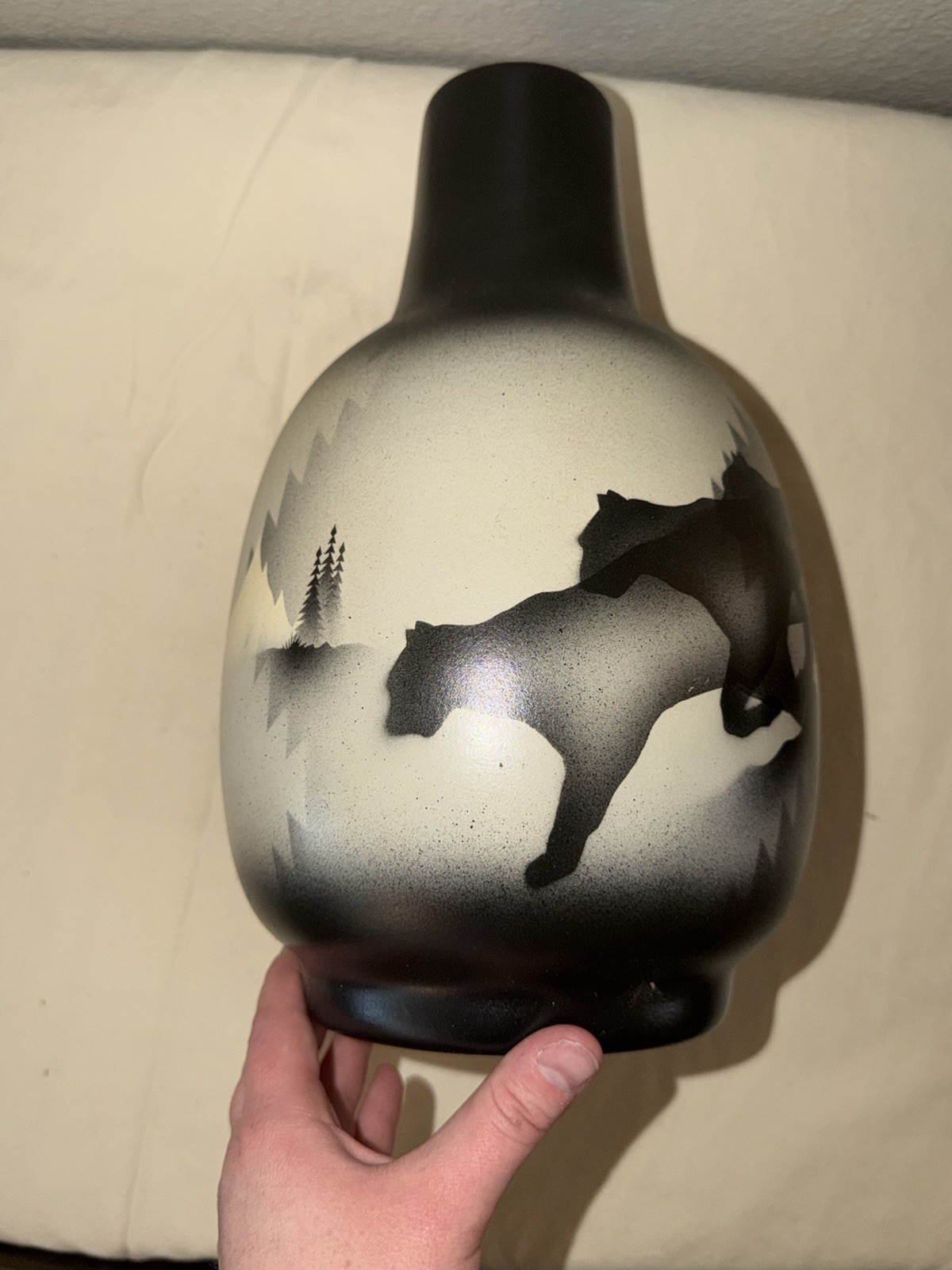 Hand Painted Signed Ceramic Vase Horse Silhouette Black Gray White Matte