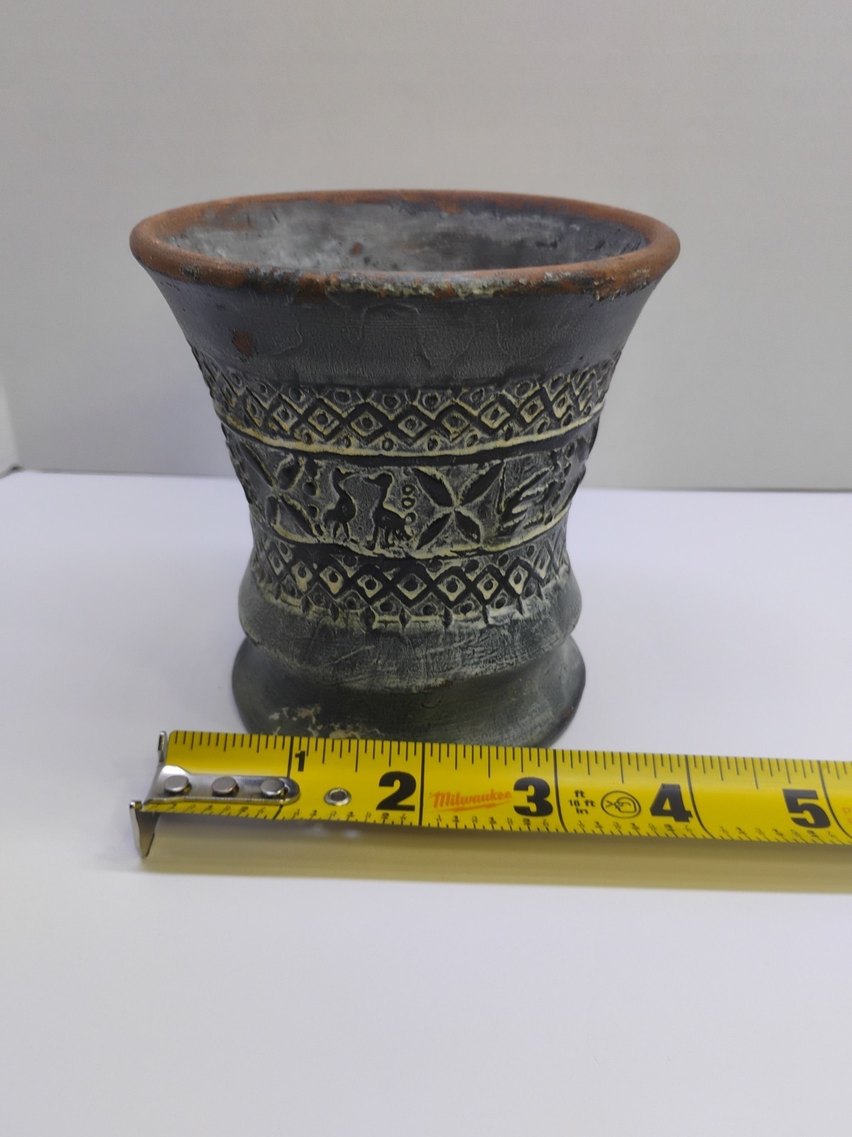 Greek Studio Pottery Stoneware Vase Mid Century Incised Signed EB Handmade
