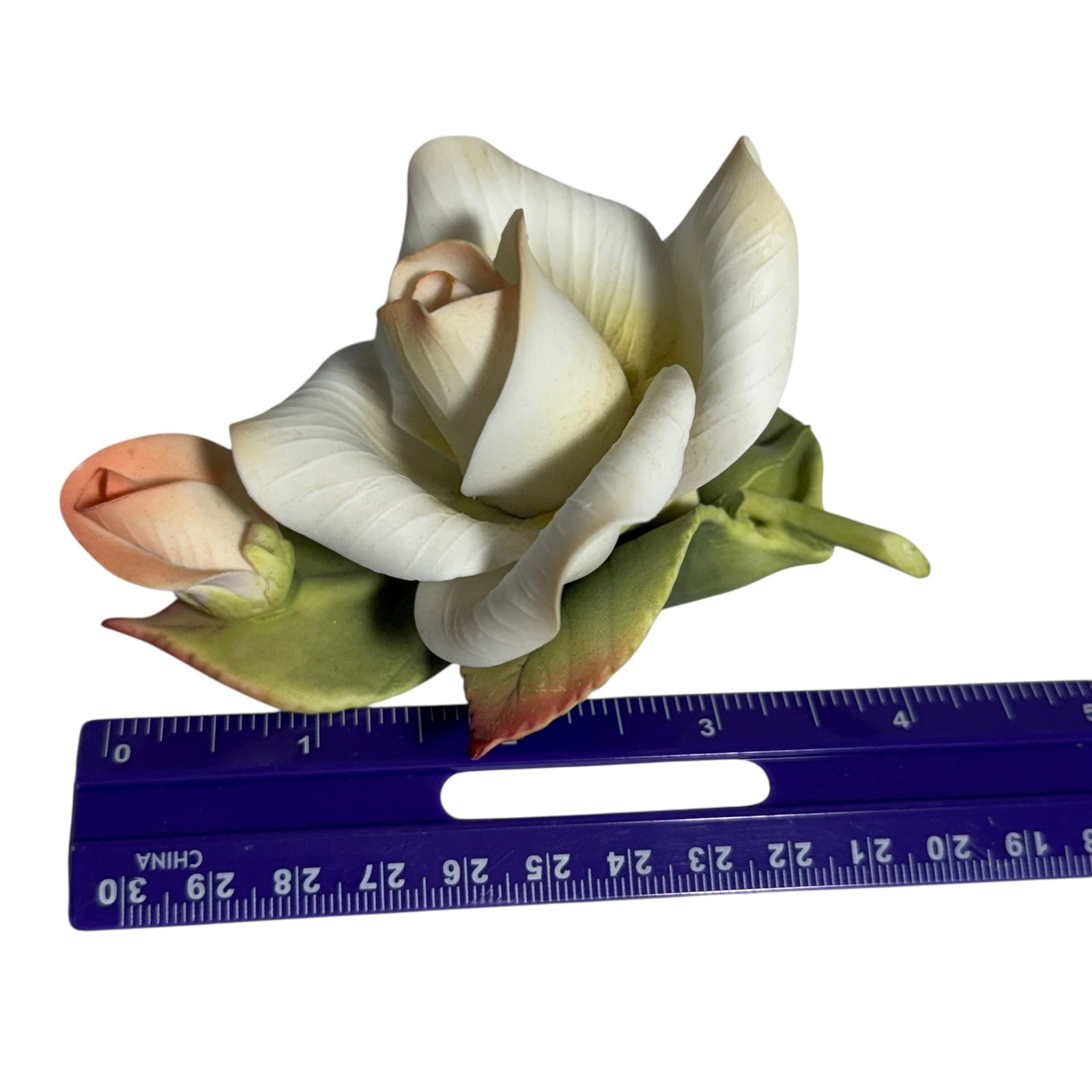 Porcelain Rose Figurine Capodimonte Style White Peach Green Botanical Flower