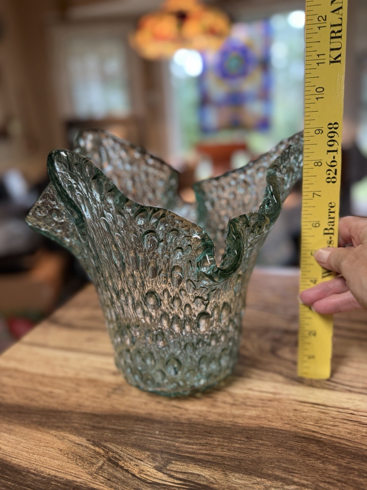 MCM Sea Green Art Glass Bubble Vase Handkerchief Ruffled 8” Murano Style Vintage